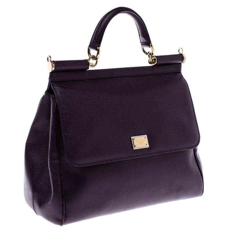 Black Dolce & Gabbana Purple Leather Large Miss Sicily Top Handle Bag