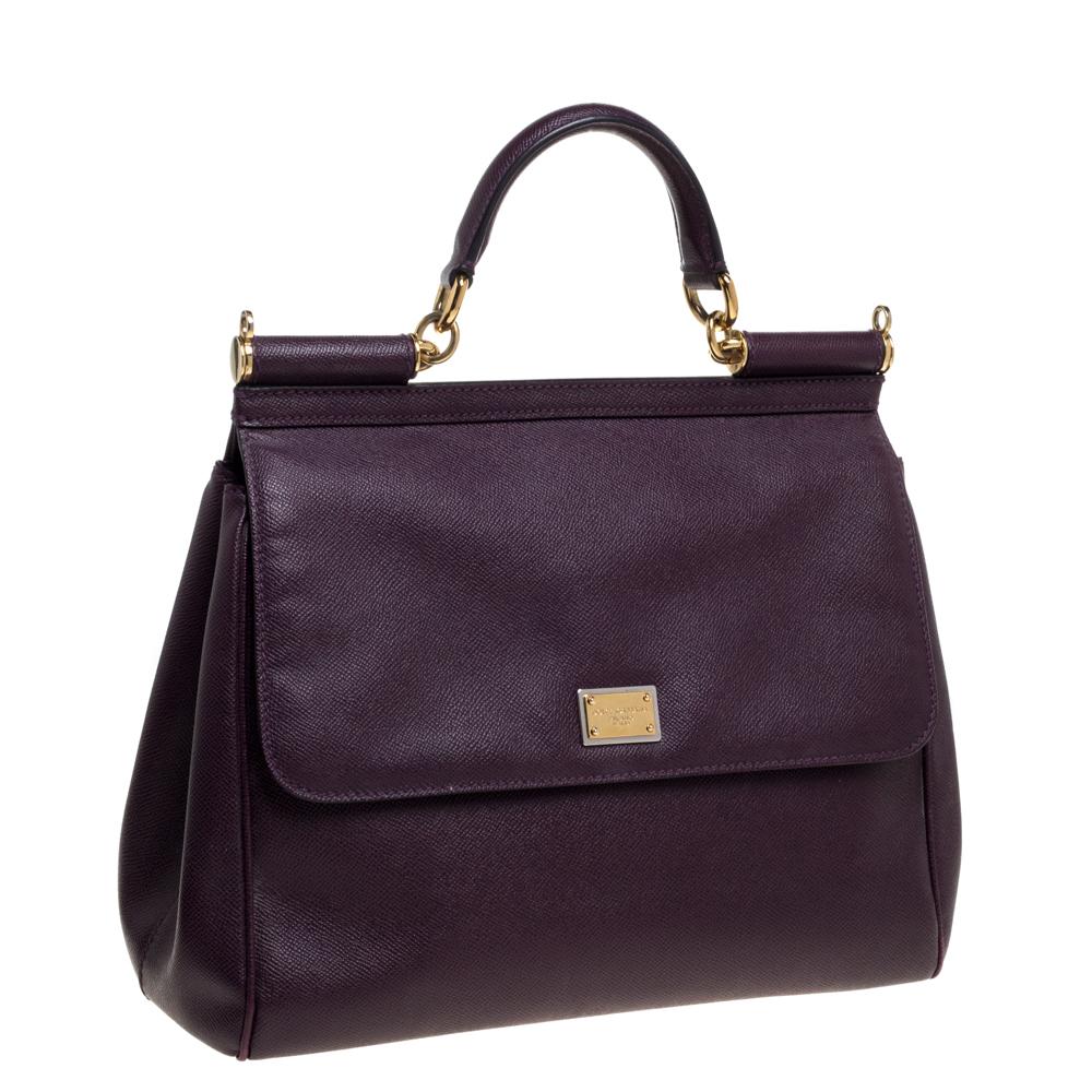 Dolce & Gabbana Purple Leather Large Miss Sicily Top Handle Bag In Good Condition In Dubai, Al Qouz 2