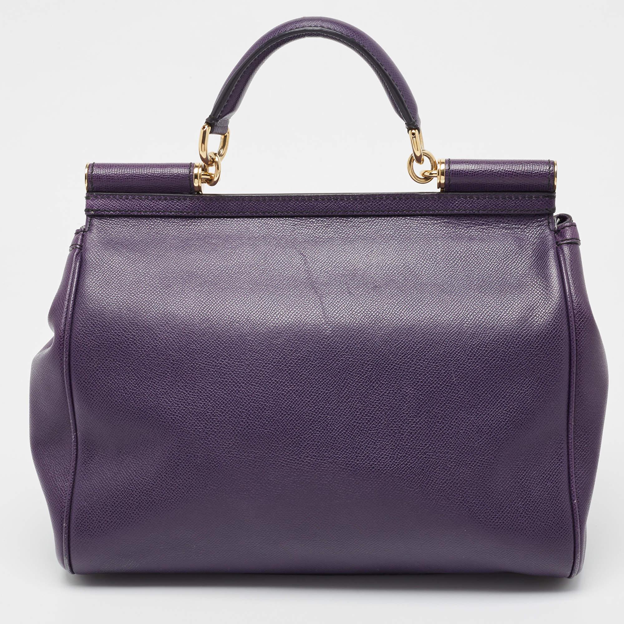 Dolce & Gabbana Purple Leather Large Miss Sicily Top Handle Bag For Sale 2