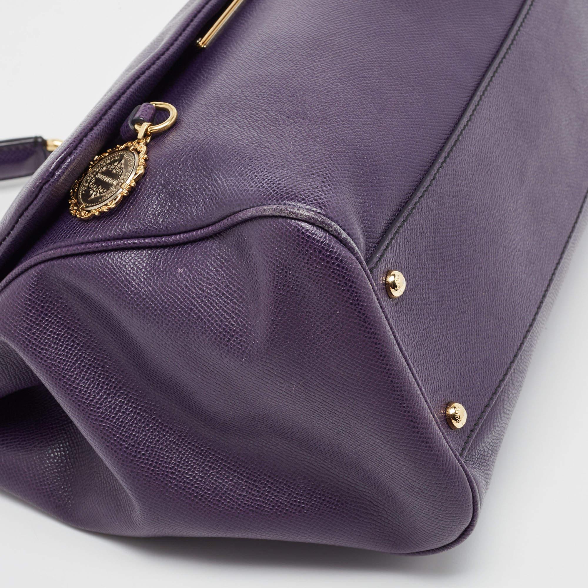 Dolce & Gabbana Purple Leather Large Miss Sicily Top Handle Bag For Sale 4