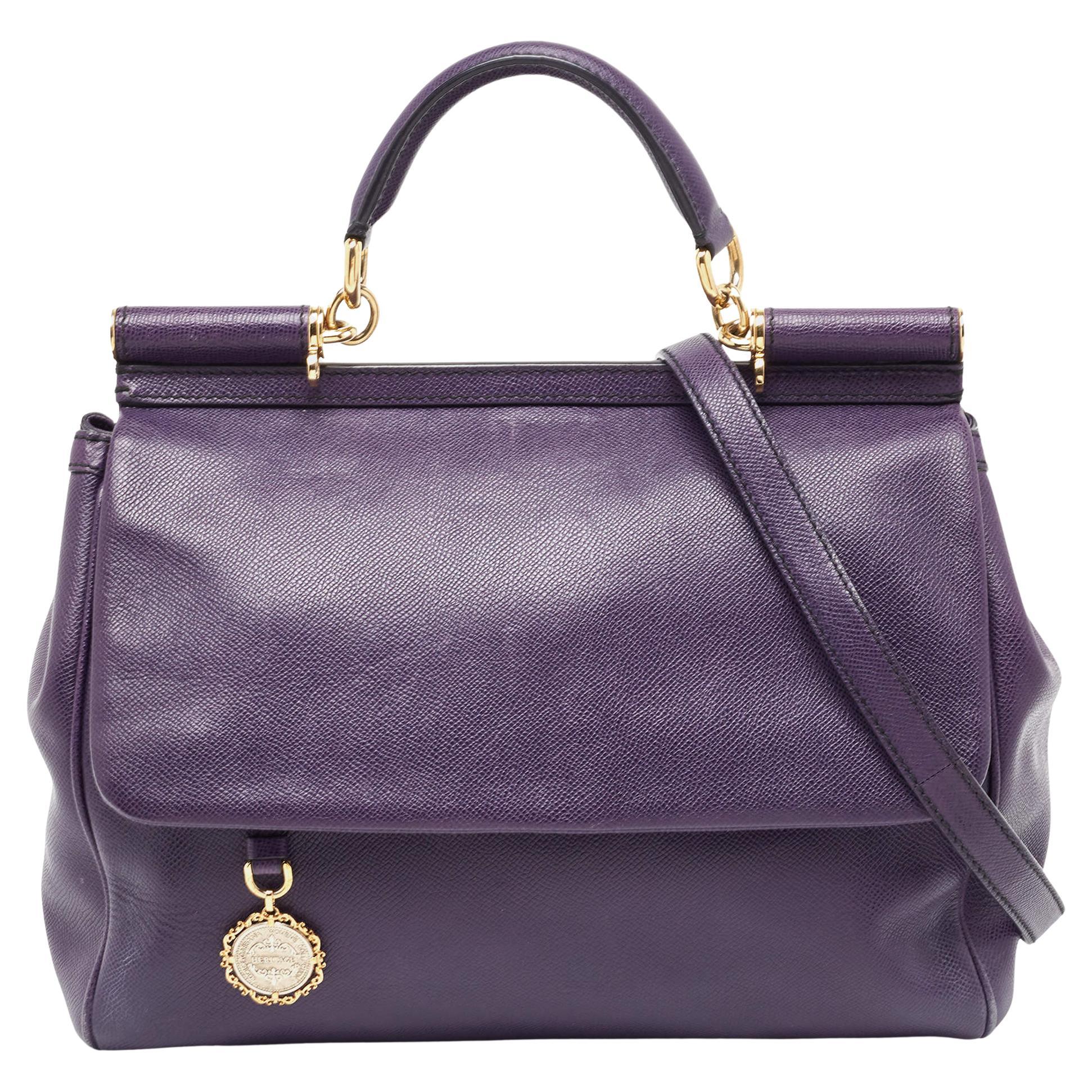 Dolce & Gabbana Purple Leather Large Miss Sicily Top Handle Bag For Sale