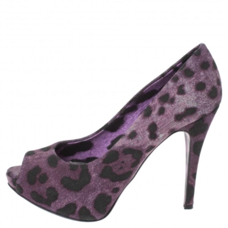 Dolce & Gabbana Purple Leopard Print Denim Peep Toe Platform Pumps Size 36.5 In Fair Condition For Sale In Dubai, Al Qouz 2