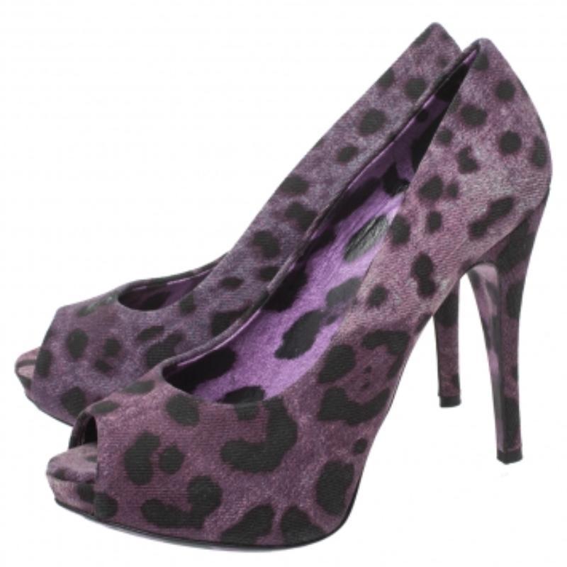 Dolce & Gabbana Purple Leopard Print Denim Peep Toe Platform Pumps Size 36.5 For Sale 1