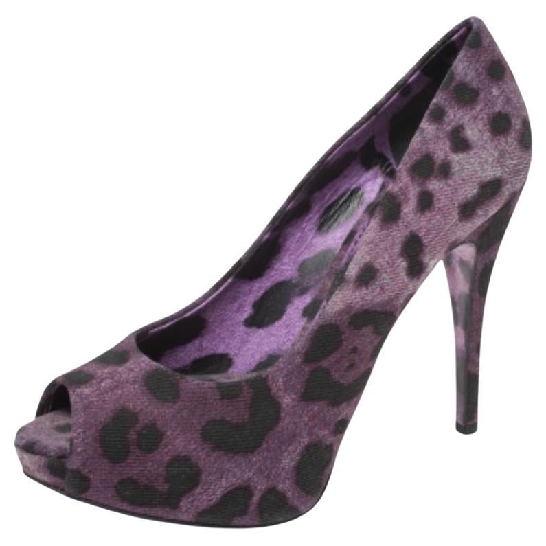 Dolce & Gabbana Purple Leopard Print Denim Peep Toe Platform Pumps Size 36.5 For Sale