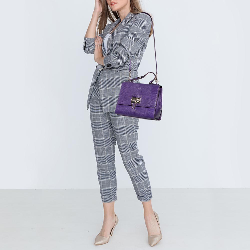 Dolce & Gabbana Purple Lizard Embossed Leather Medium Miss Monica Top Handle Bag In Good Condition In Dubai, Al Qouz 2