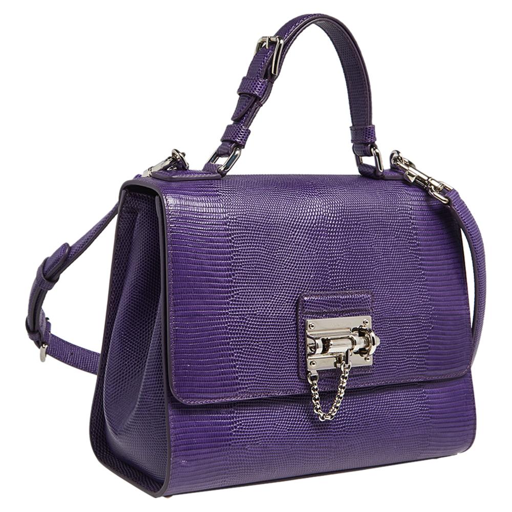 Women's Dolce & Gabbana Purple Lizard Embossed Leather Medium Miss Monica Top Handle Bag