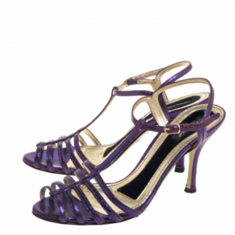 Gray Dolce & Gabbana Purple Lizard Embossed Leather T Strap Sandals Size 36 For Sale