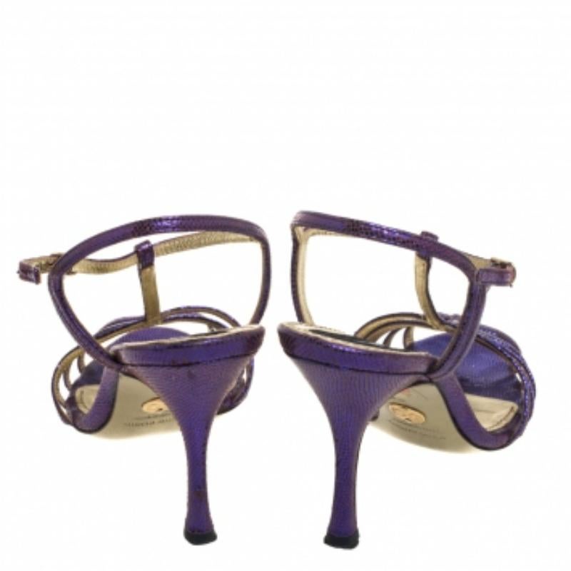Women's Dolce & Gabbana Purple Lizard Embossed Leather T Strap Sandals Size 36 For Sale