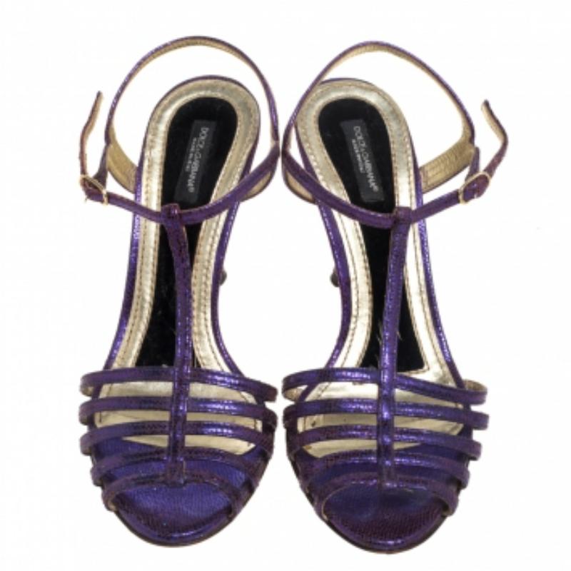Dolce & Gabbana Purple Lizard Embossed Leather T Strap Sandals Size 36 For Sale 1