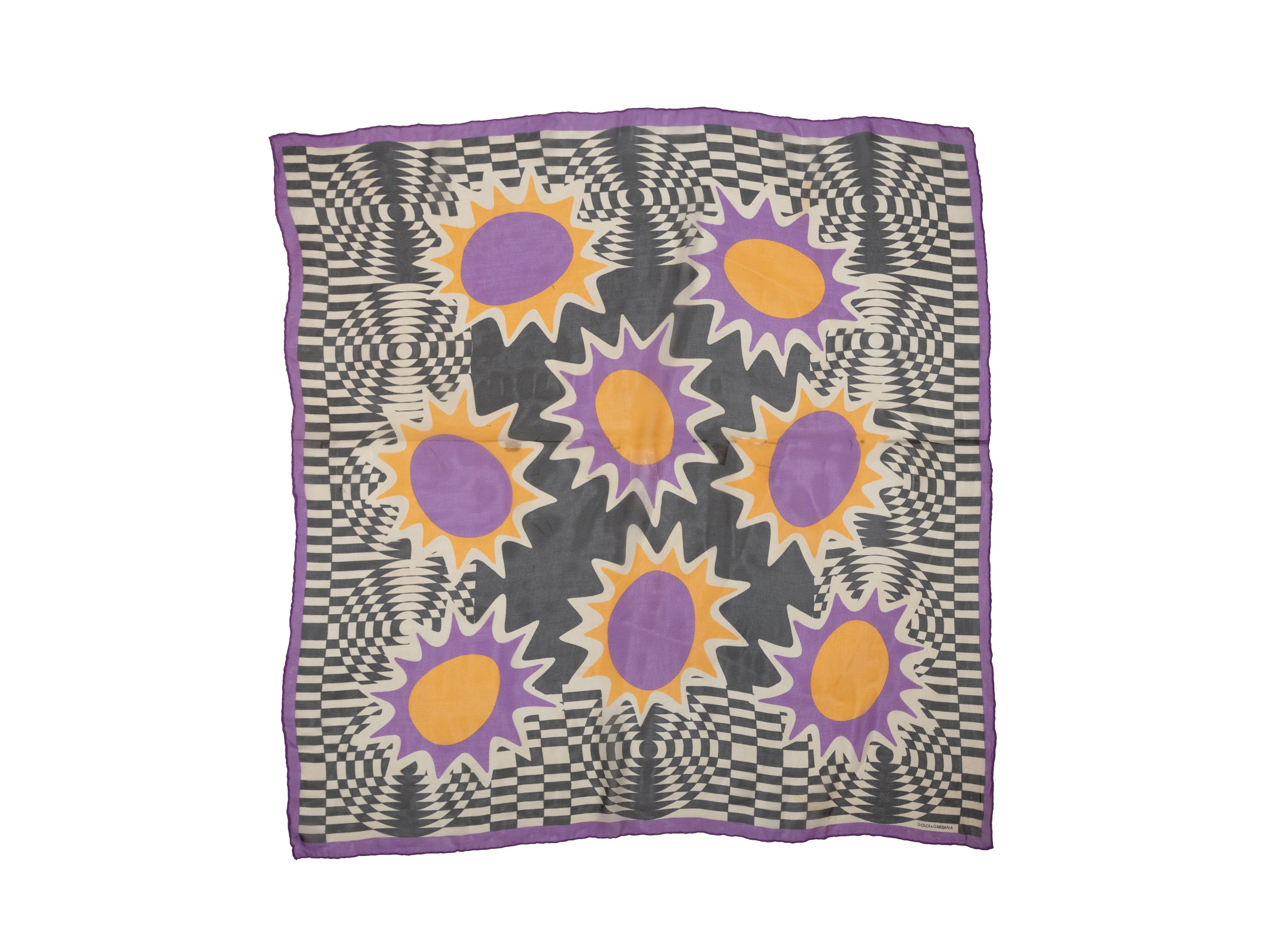 Product details: Purple and multicolor silk scarf by Dolce & Gabbana. Abstract print throughout. 34