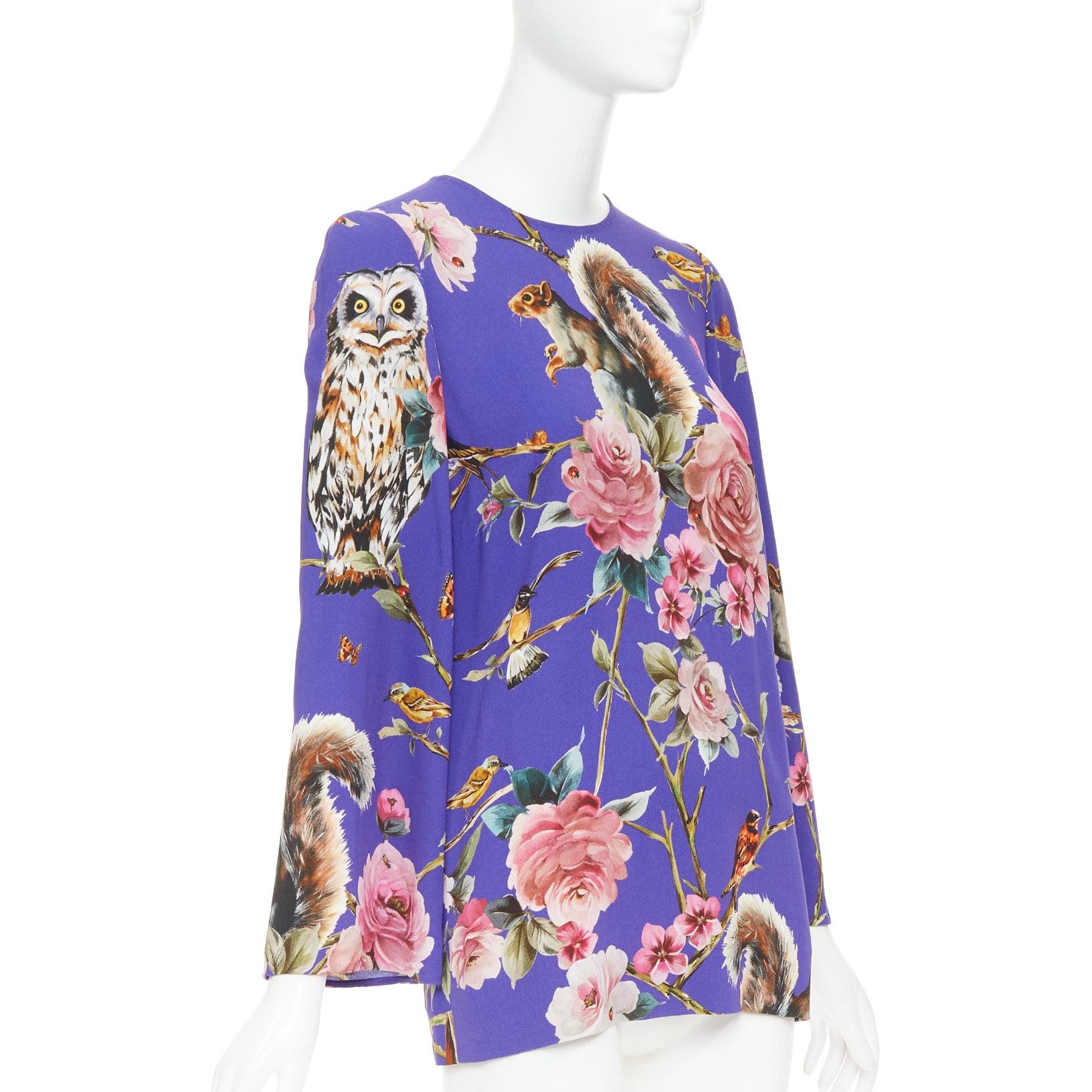 Viola DOLCE GABBANA purple pink squirrel floral print cropped sleeve tunic top IT38 XS in vendita