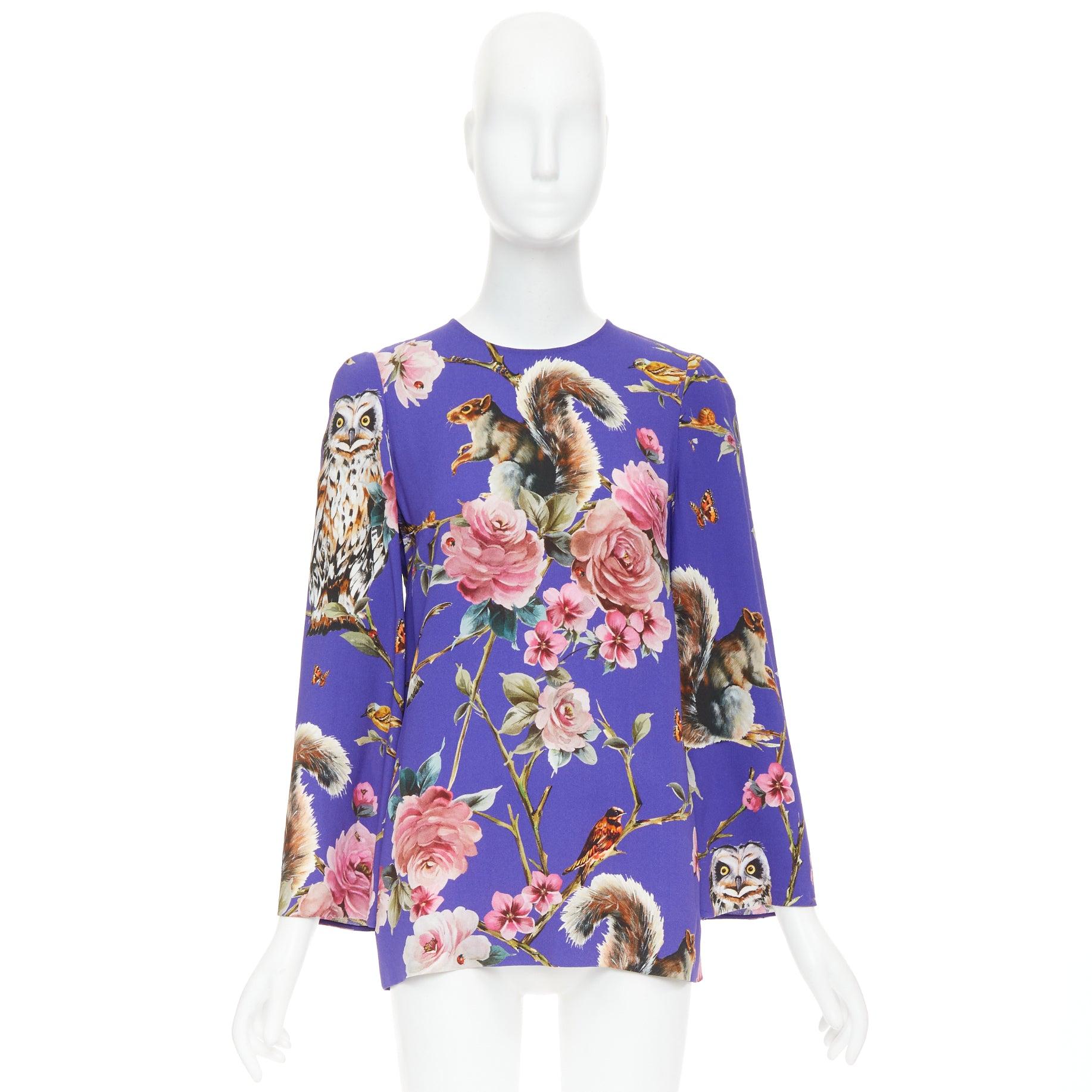DOLCE GABBANA purple pink squirrel floral print cropped sleeve tunic top IT38 XS in vendita 4