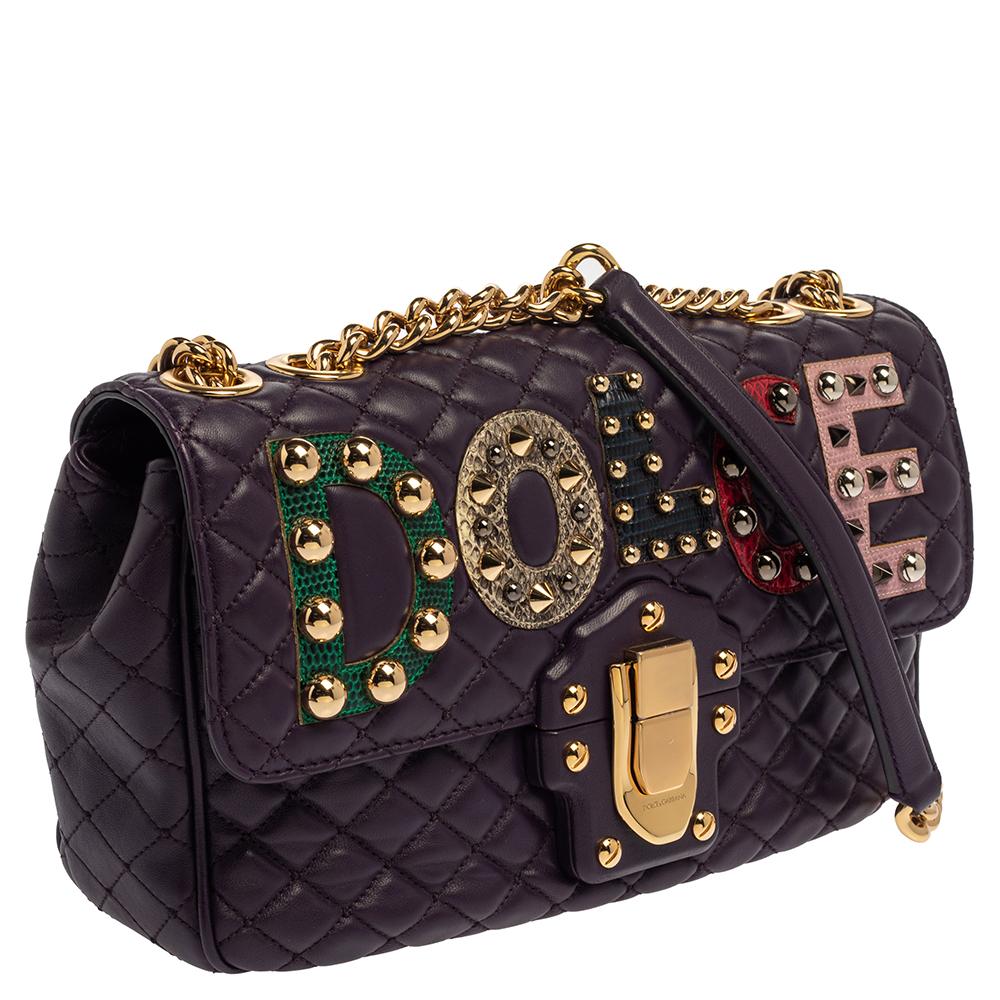 Dolce & Gabbana Purple Quilted Leather Lucia Embellished Shoulder Bag In Good Condition In Dubai, Al Qouz 2