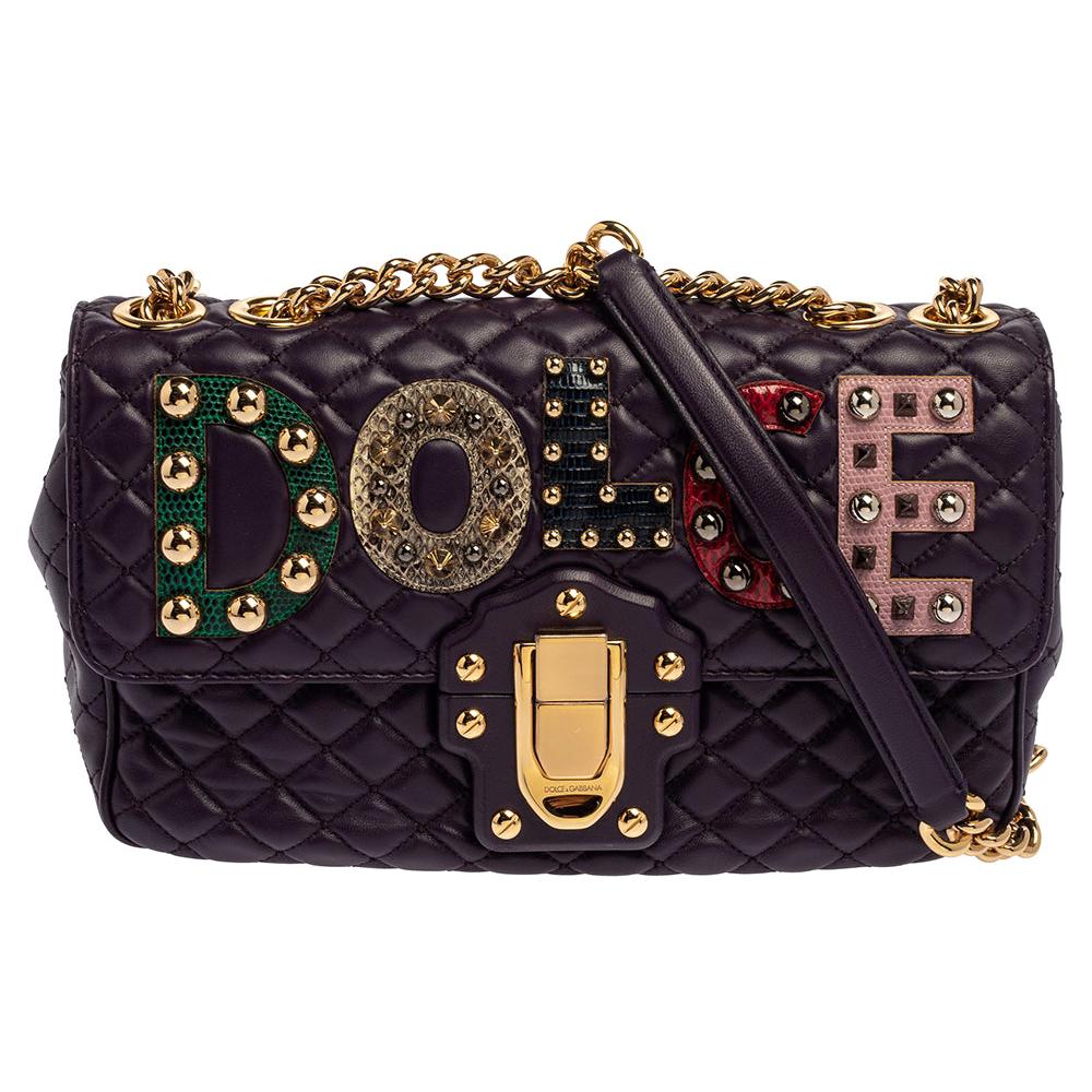 Dolce & Gabbana Purple Quilted Leather Lucia Embellished Shoulder Bag