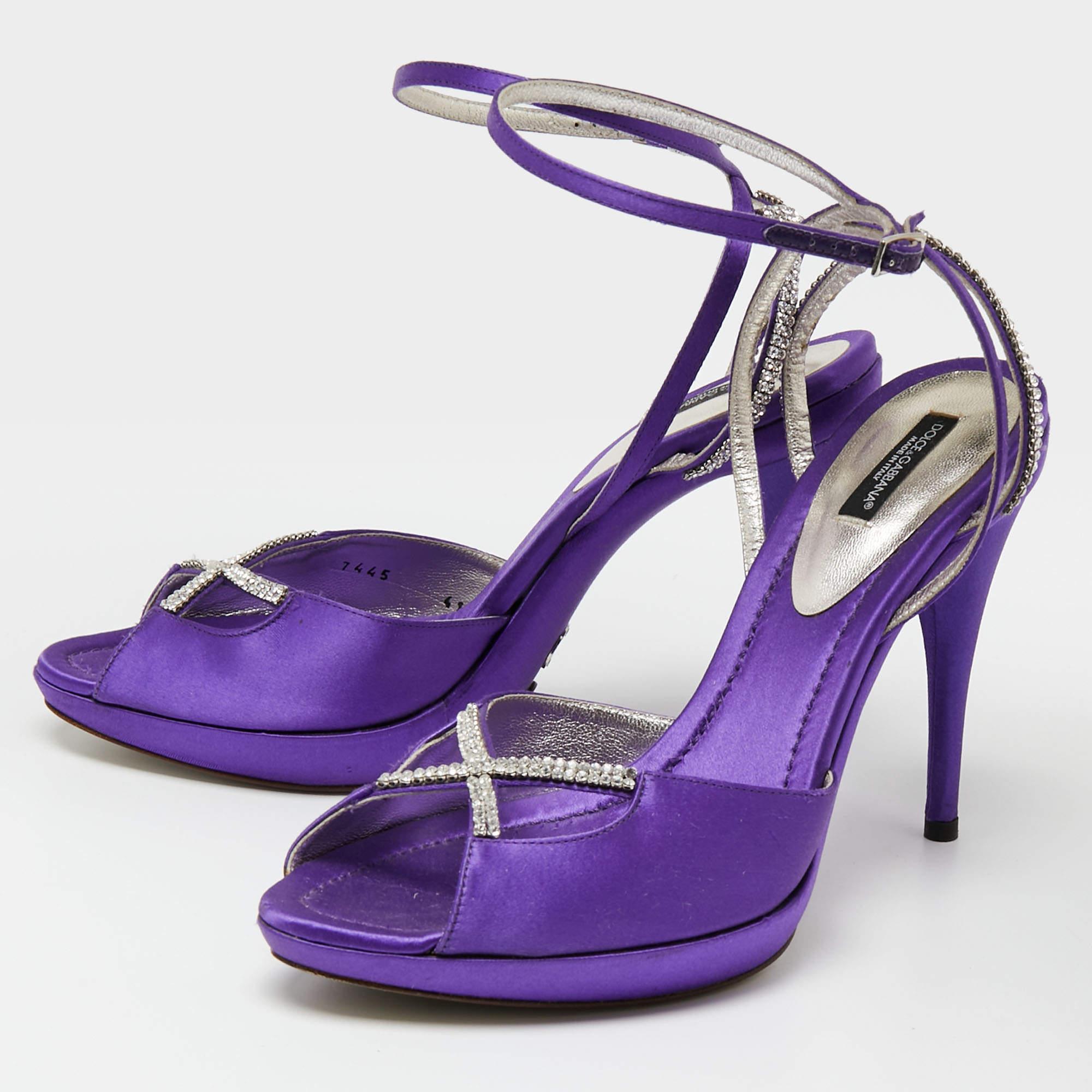 Women's Dolce & Gabbana Purple Satin Crystal Ankle Strap Platform Sandals Size 41 For Sale