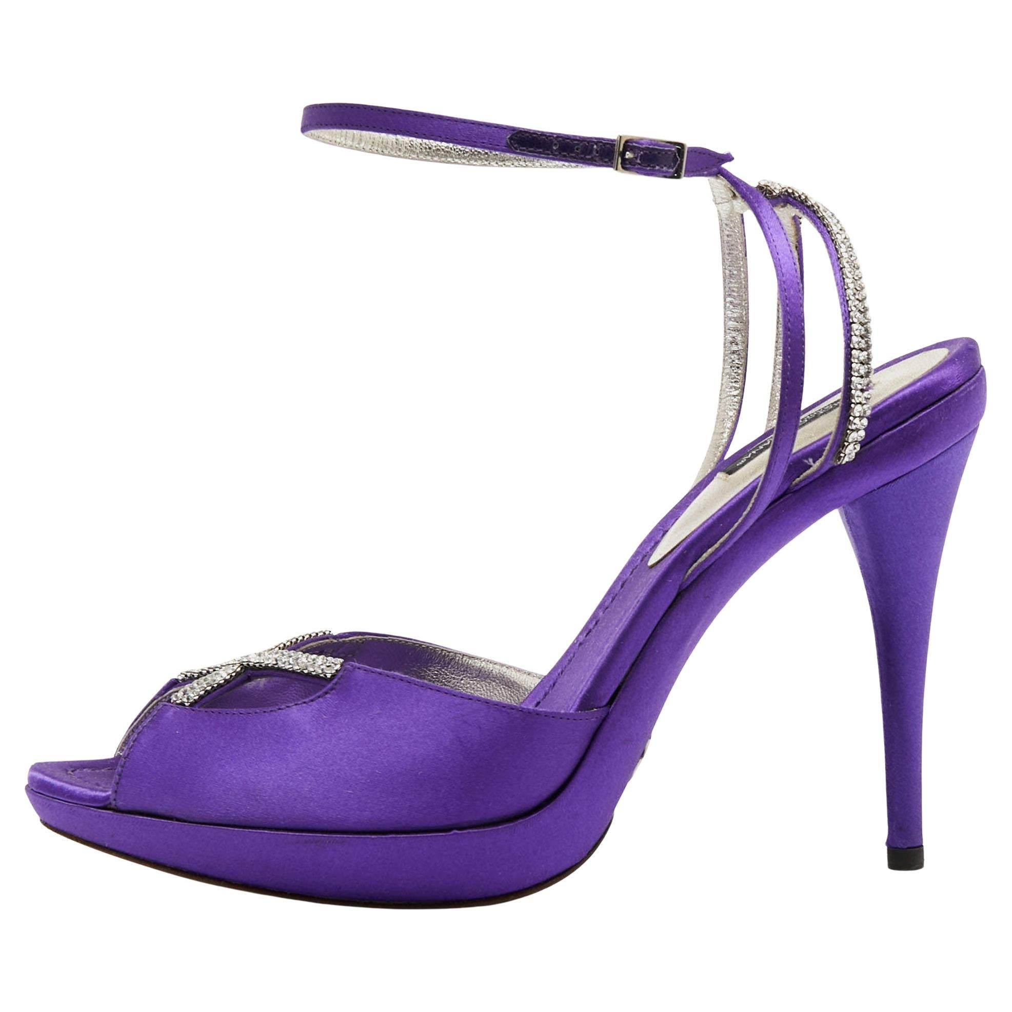 Dolce & Gabbana Purple Satin Crystal Ankle Strap Platform Sandals Size 41 For Sale