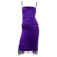 Dolce & Gabbana Purple Silk Bodycon Ruched Corset Dress With Black Lace Trim