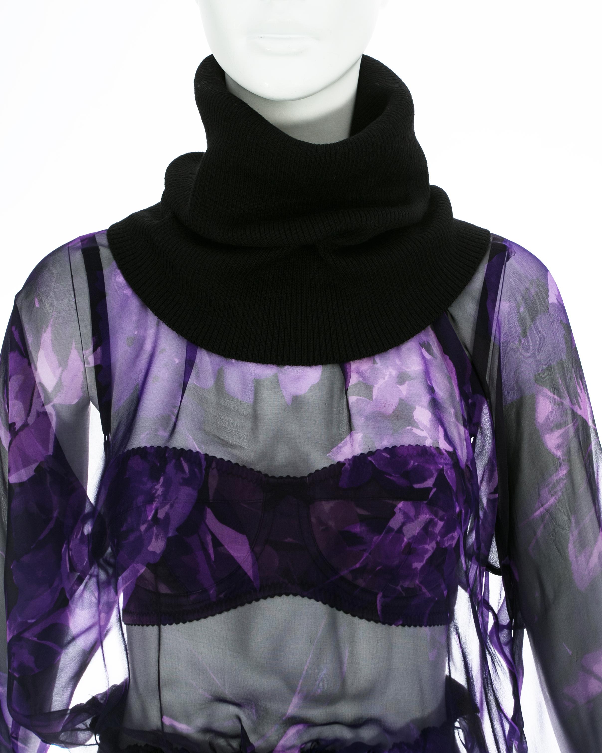 Black Dolce & Gabbana purple silk chiffon blouse and satin bra 2-piece set, fw 1999