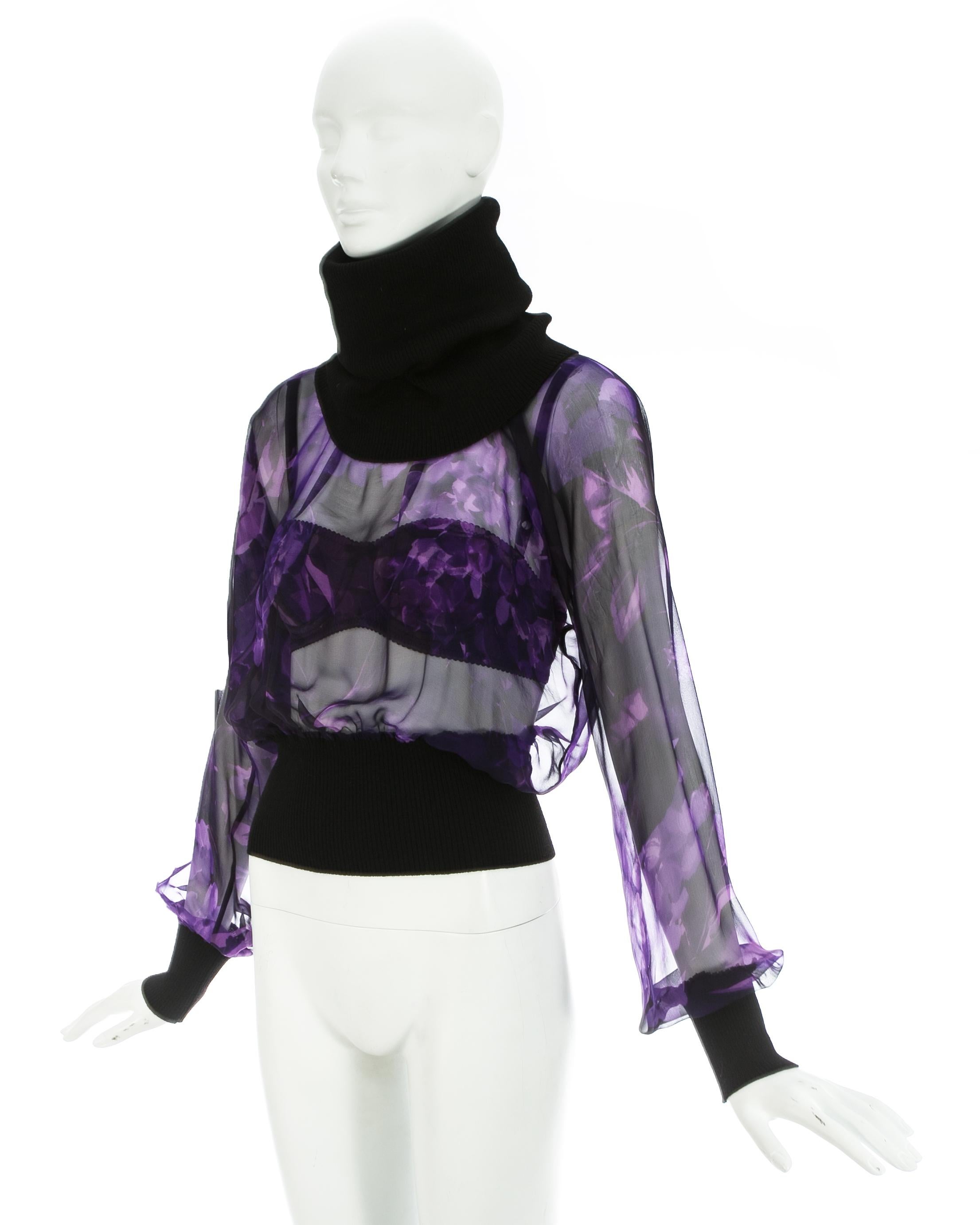 Women's Dolce & Gabbana purple silk chiffon blouse and satin bra 2-piece set, fw 1999