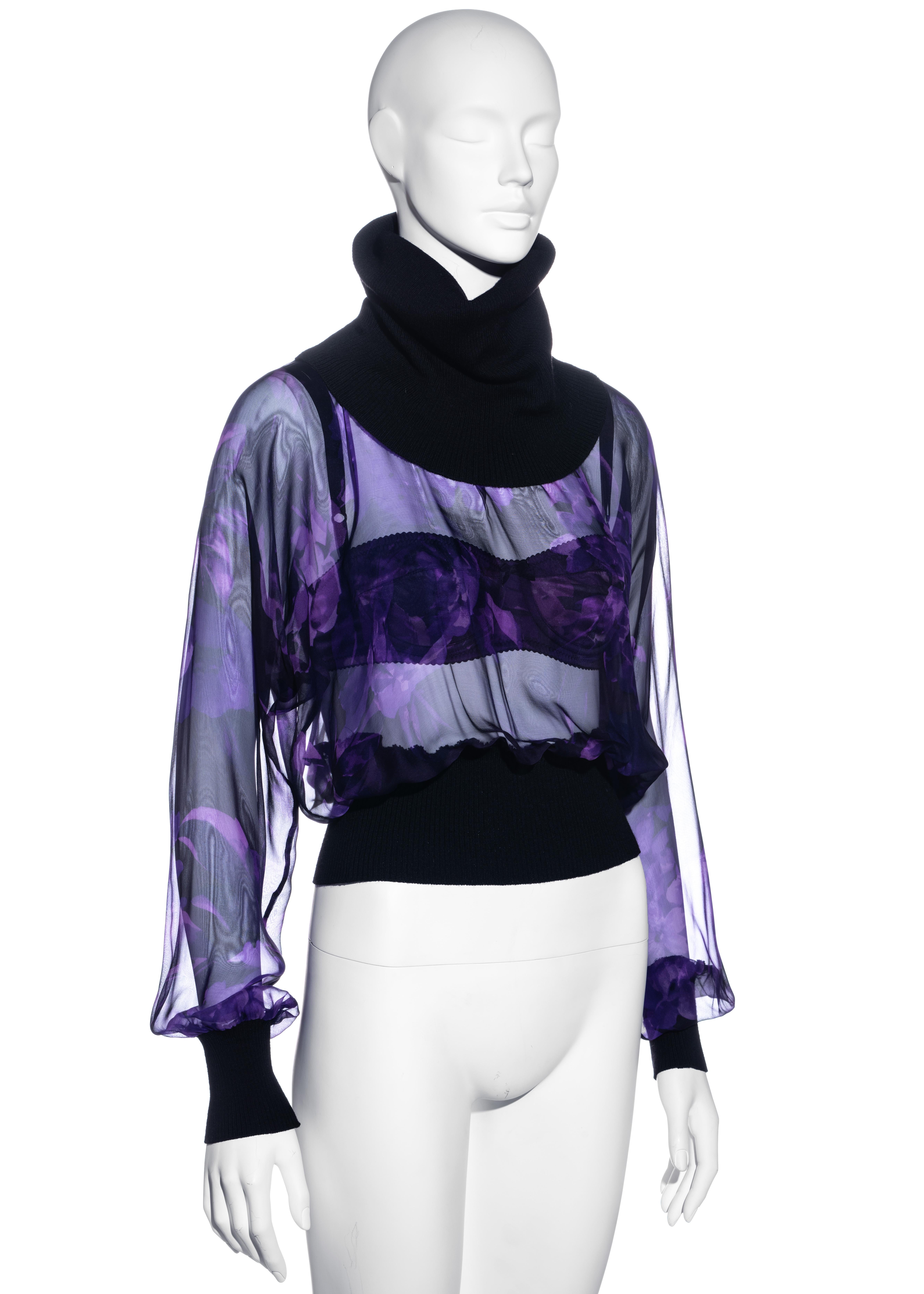 Black Dolce & Gabbana purple silk chiffon turtleneck blouse and bra set, ss 2000