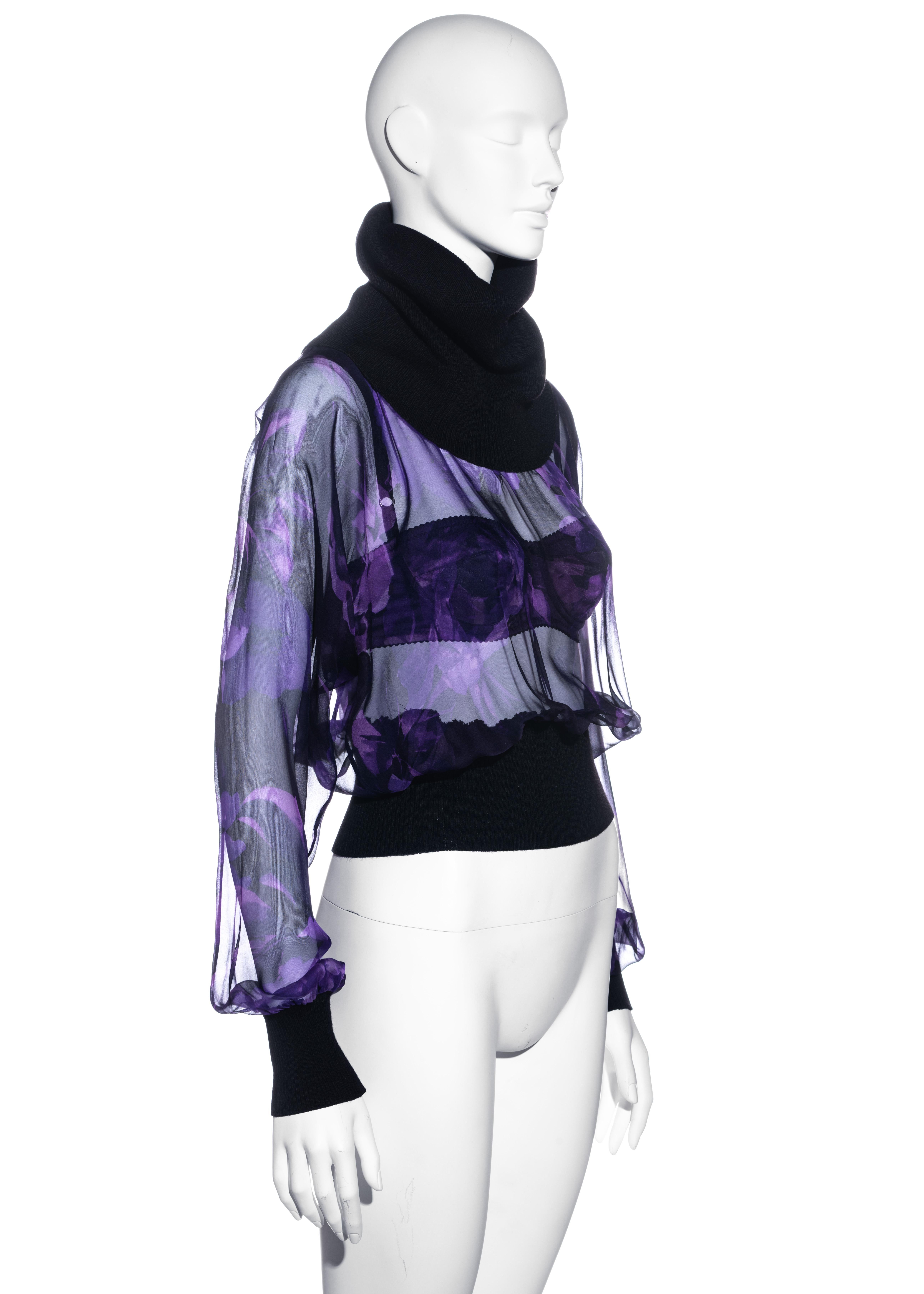 Women's Dolce & Gabbana purple silk chiffon turtleneck blouse and bra set, ss 2000