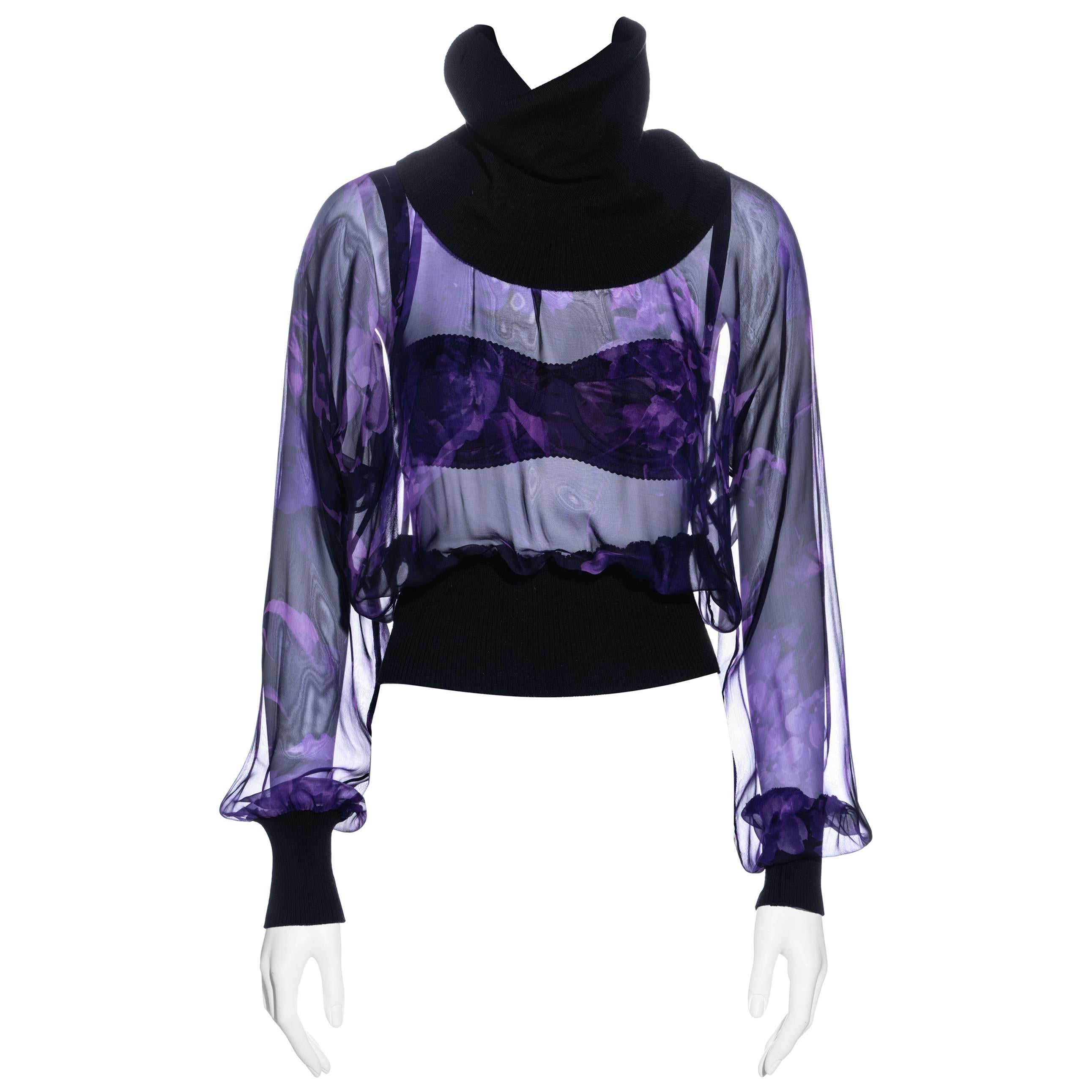 Dolce & Gabbana purple silk chiffon turtleneck blouse and bra set, ss 2000