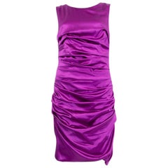 DOLCE & GABBANA purple silk RUCHED SATIN Sleeveless Cocktail Dress 44 L