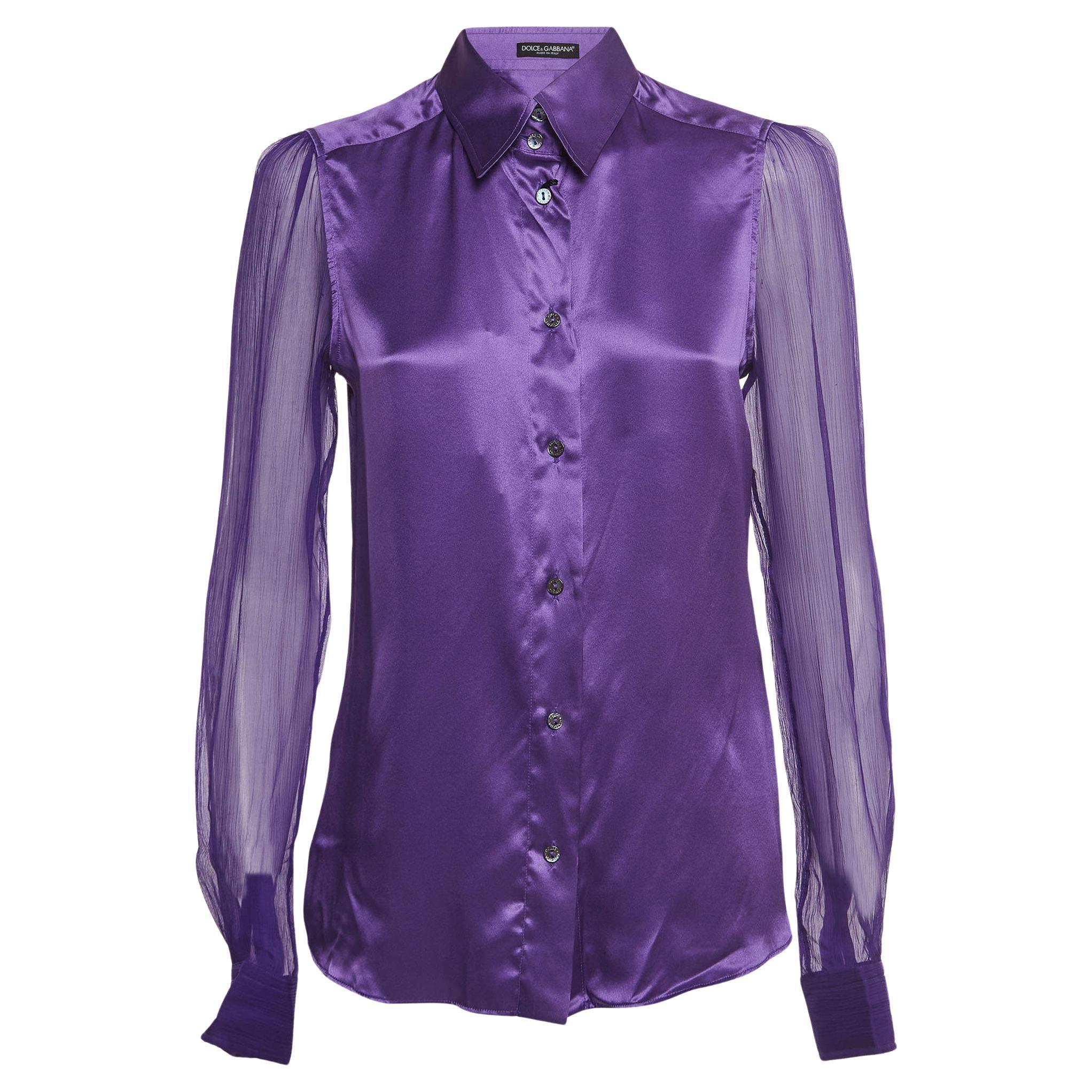 Dolce & Gabbana Purple Silk Semi Sheer Long Sleeve Shirt M
