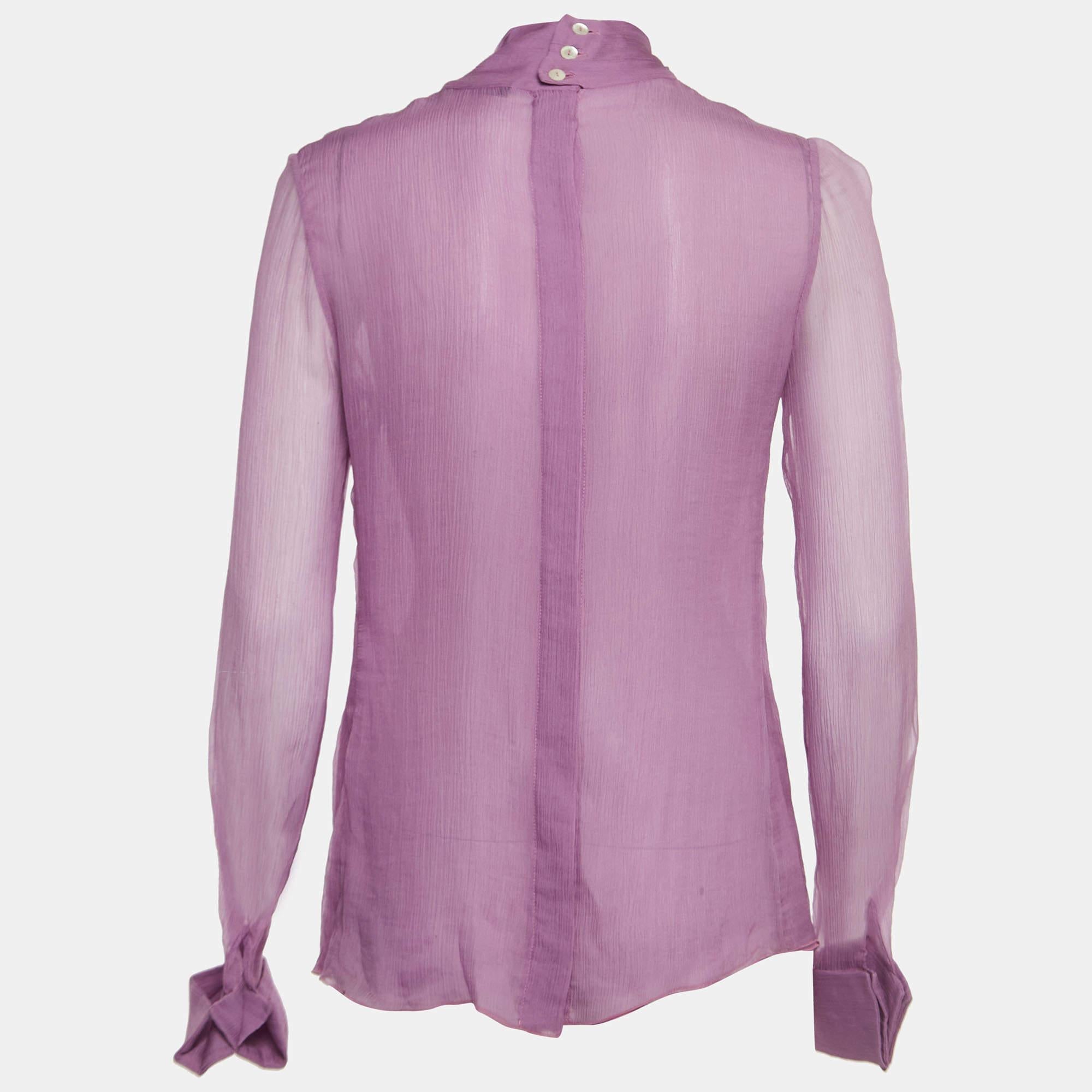 Dolce & Gabbana Purple Silk Tie-Up Detail Blouse M In New Condition For Sale In Dubai, Al Qouz 2