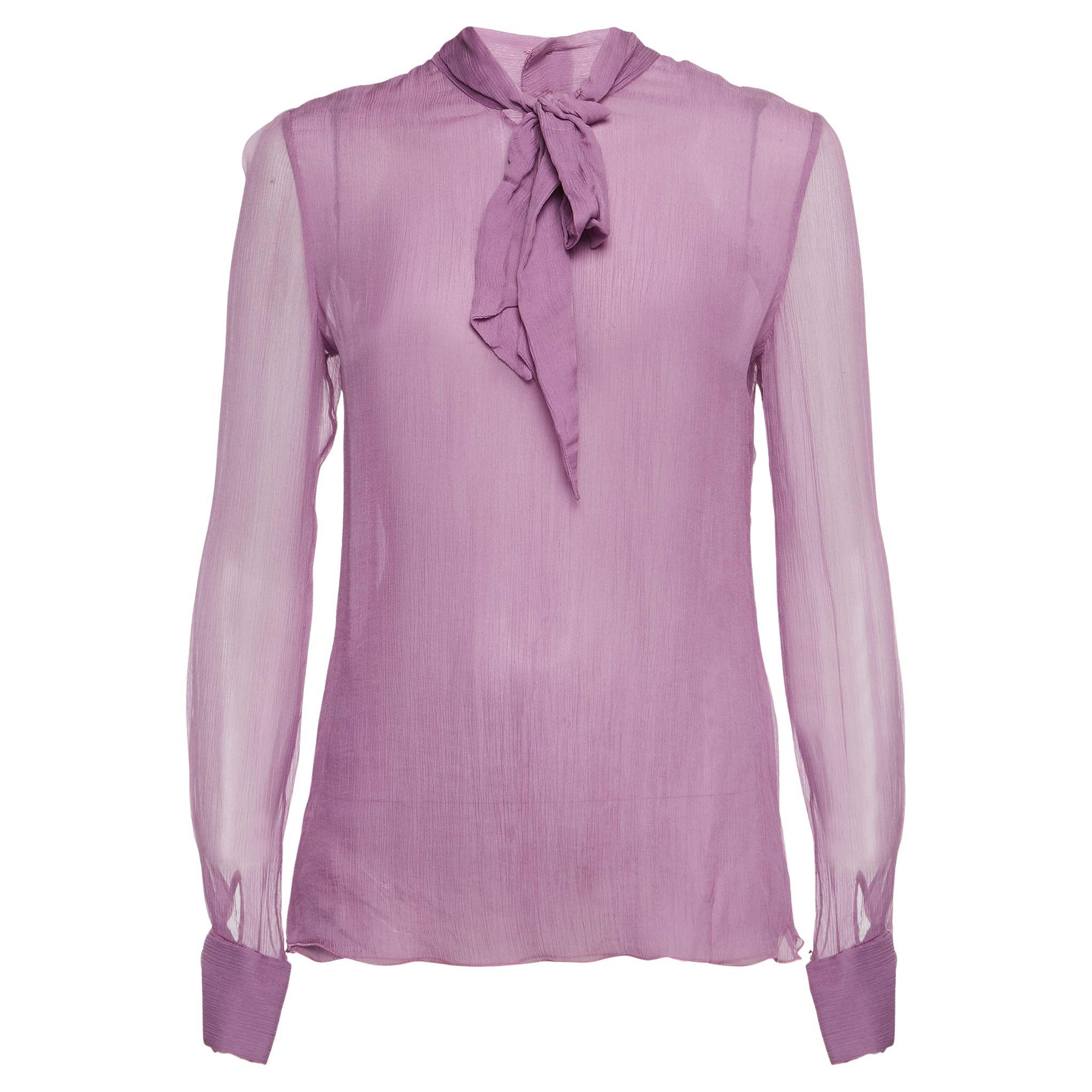 Dolce & Gabbana Purple Silk Tie-Up Detail Blouse M For Sale
