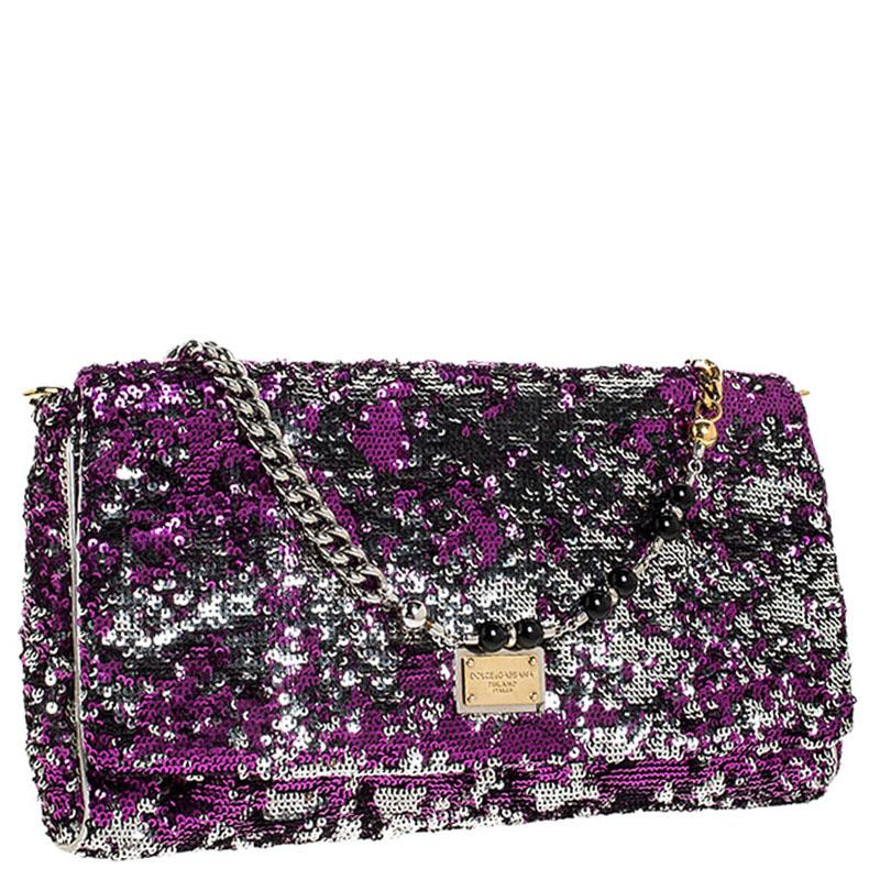 Dolce & Gabbana Purple/Silver Sequin Miss Charles Shoulder Bag In Excellent Condition In Dubai, Al Qouz 2