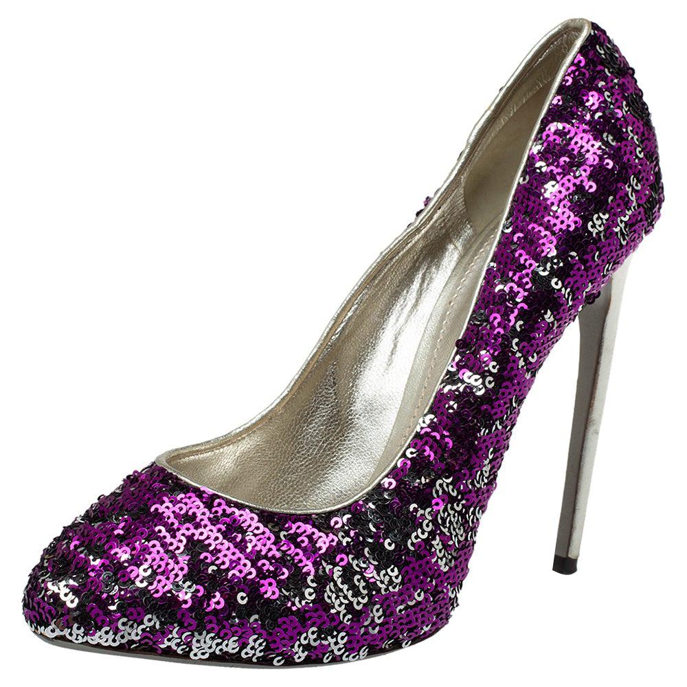Dolce & Gabbana Purple/Silver Sequins And Leather Pumps Size 40 For Sale
