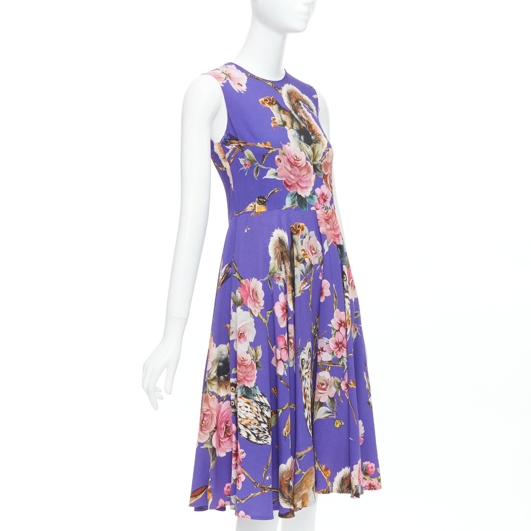 Purple DOLCE GABBANA purple squirrel garden floral print cocktail dress IT36 XXS For Sale