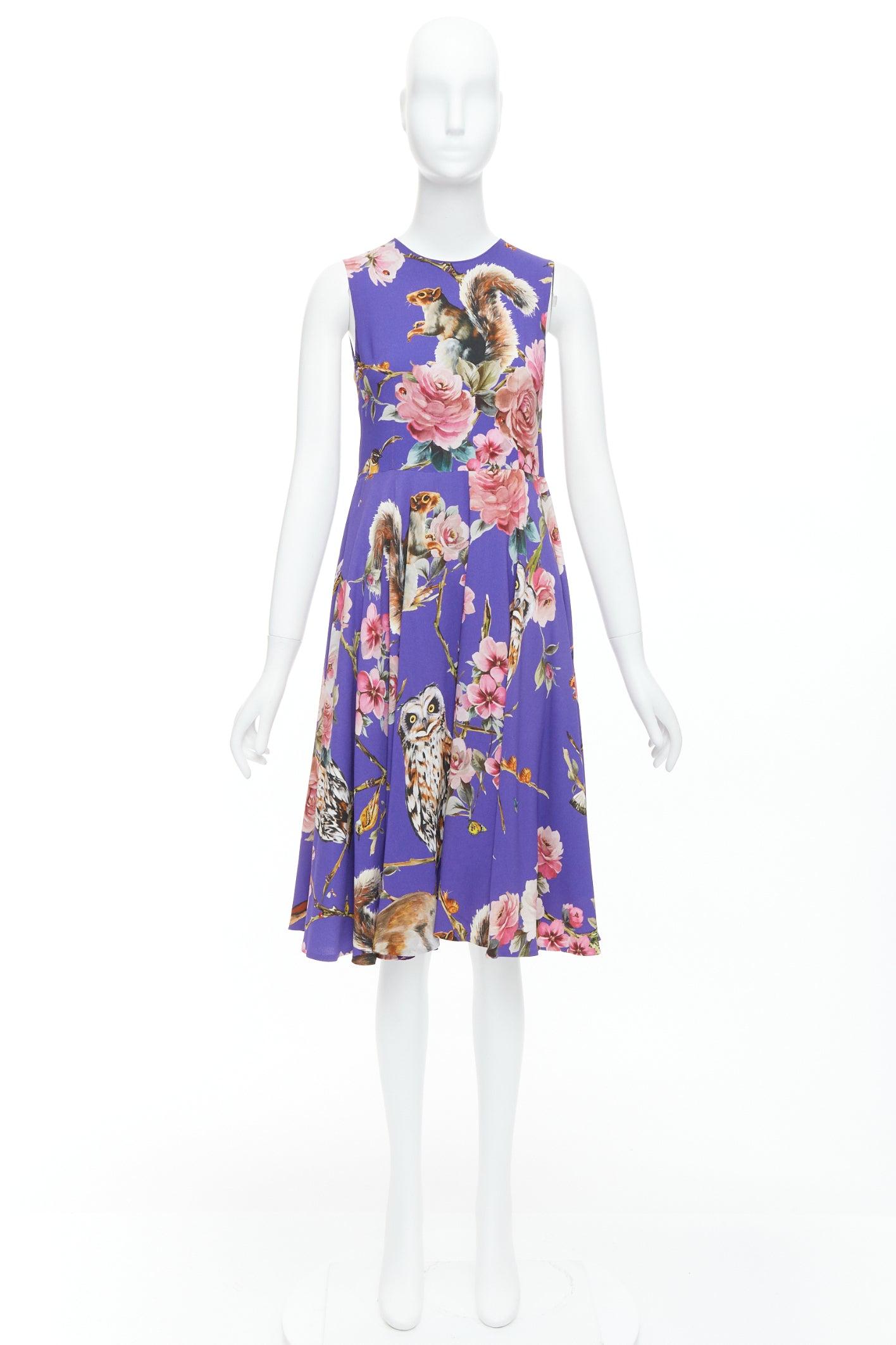 DOLCE GABBANA purple squirrel garden floral print cocktail dress IT36 XXS For Sale 4