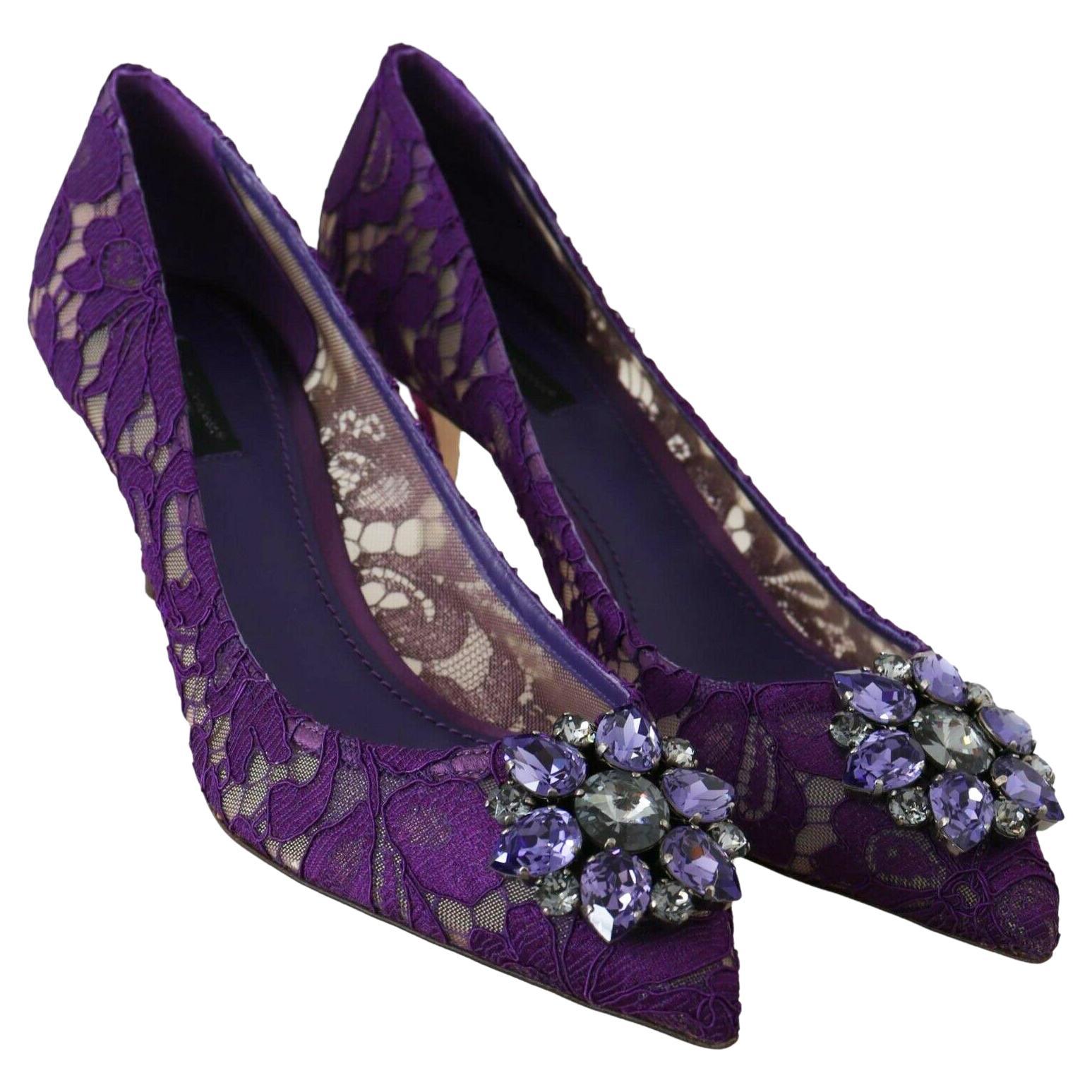  Dolce & Gabbana Purple Taormina Lace Crystal Pumps Shoes Heels Floral Rainbow For Sale