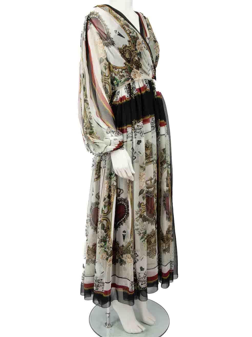 CONDITION is Very good. Hardly any visible wear to dress is evident on this used Dolce & Gabbana designer resale item.
 
 
 
 Details
 
 
 Multicolour
 
 Silk
 
 Dress
 
 Queen of hearts print
 
 Long puff sleeves
 
 Sheer
 
 Plunge neck
 
 Maxi
 
