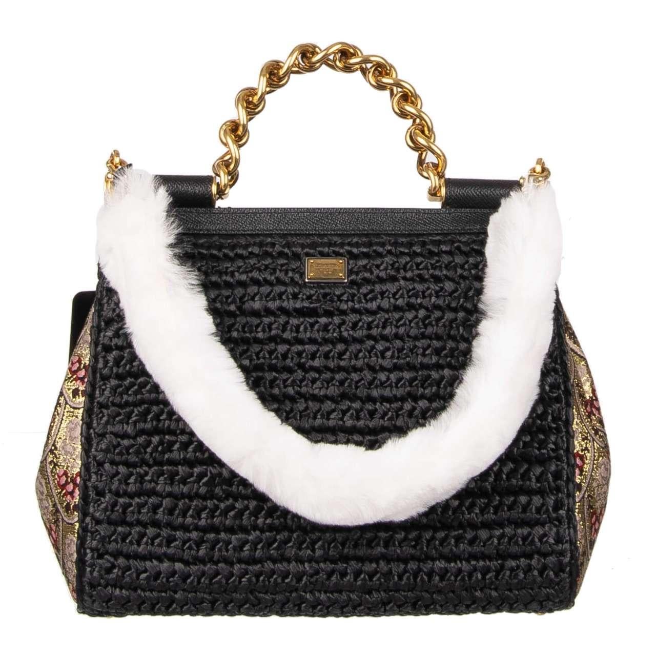 - Leather and rabbit fur bag Strap / Handle in White and Gold by DOLCE & GABBANA - Former RRP: EUR 195 - New with Tag - MADE IN ITALY - Model: EP0077-AB410-89697 - Material: 50% Calfskin, 50% Rabbit fur - Color: White / Black / Gold - Length: appr.