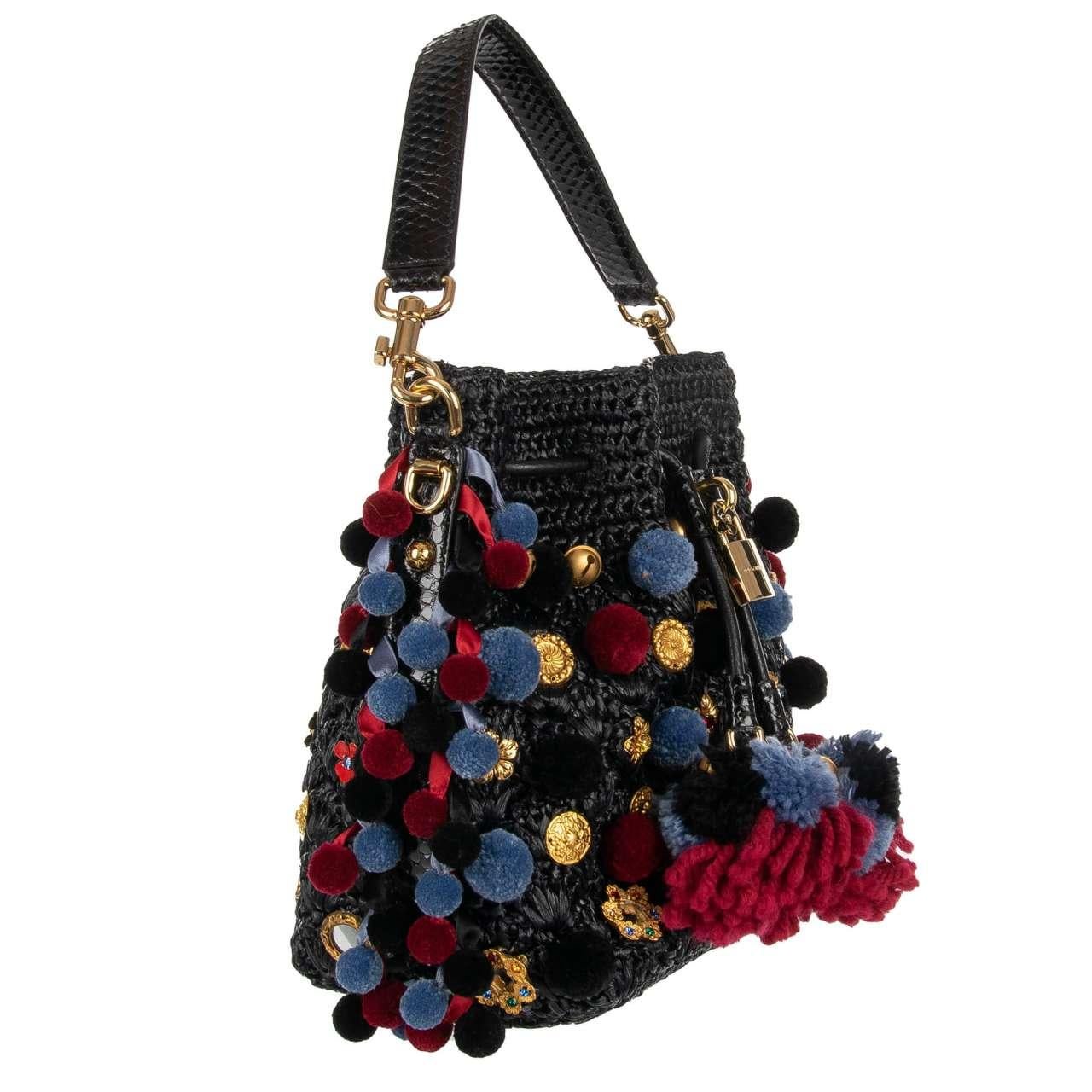 - Sicily Style straw bucket hobo bag / shoulder bag CLAUDIA with two snakeskin straps embellished with pompoms, sing-song bells, crystals and enamel flowers by DOLCE & GABBANA - New with Tag, Dustbag, Authenticity Card - Former RRP: EUR 4.450 -