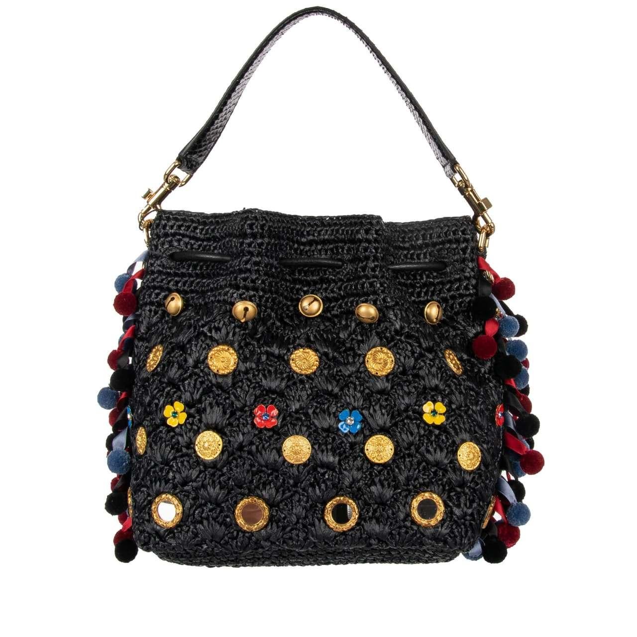 Dolce & Gabbana - Raffia Bucket Bag CLAUDIA with Pompoms and Crystals Black Red In Excellent Condition In Erkrath, DE