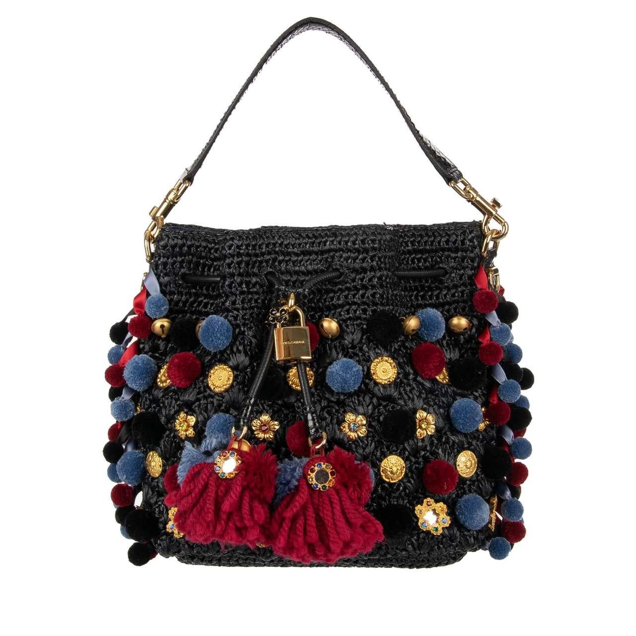 Women's Dolce & Gabbana - Raffia Bucket Bag CLAUDIA with Pompoms and Crystals Black Red