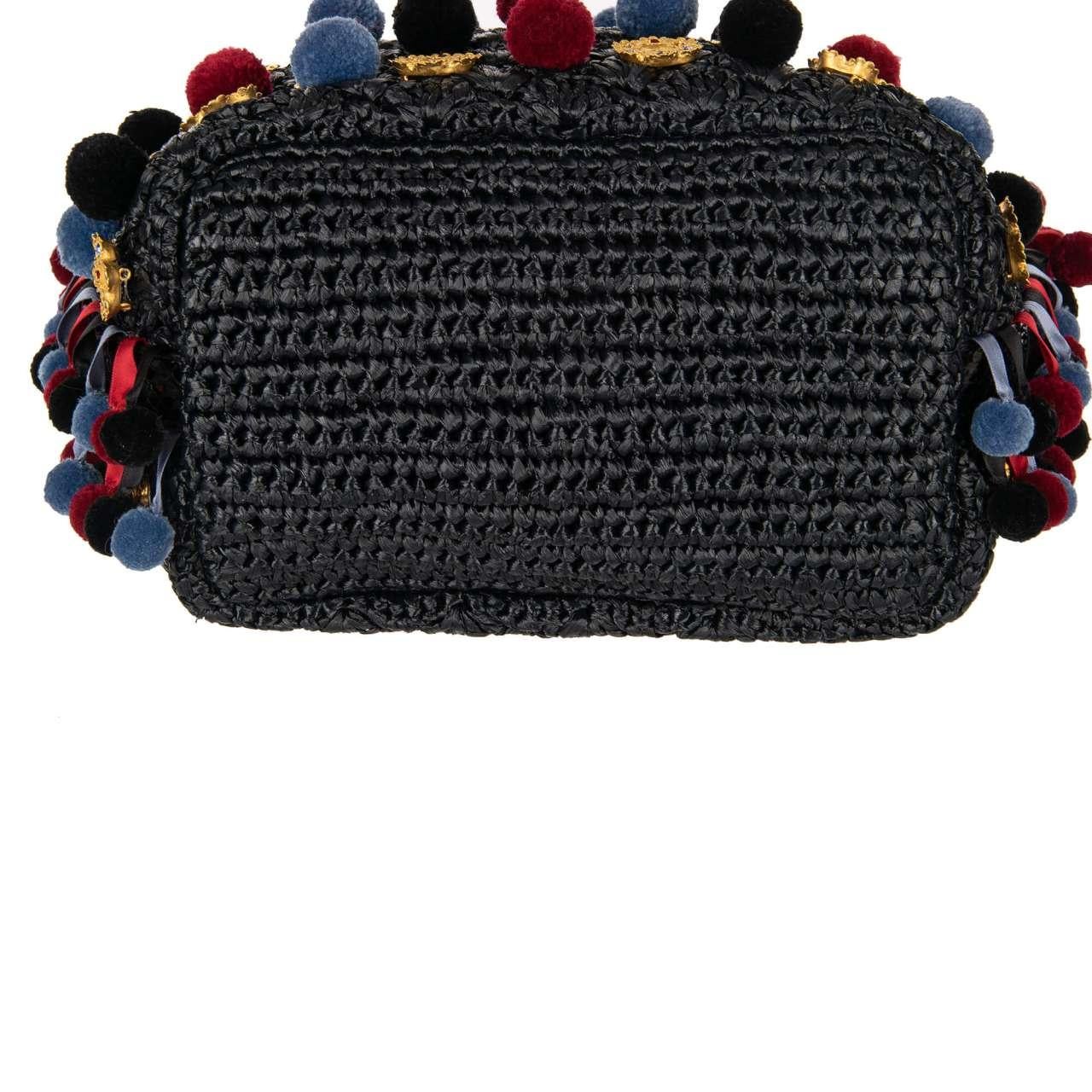 Dolce & Gabbana - Raffia Bucket Bag CLAUDIA with Pompoms and Crystals Black Red 1