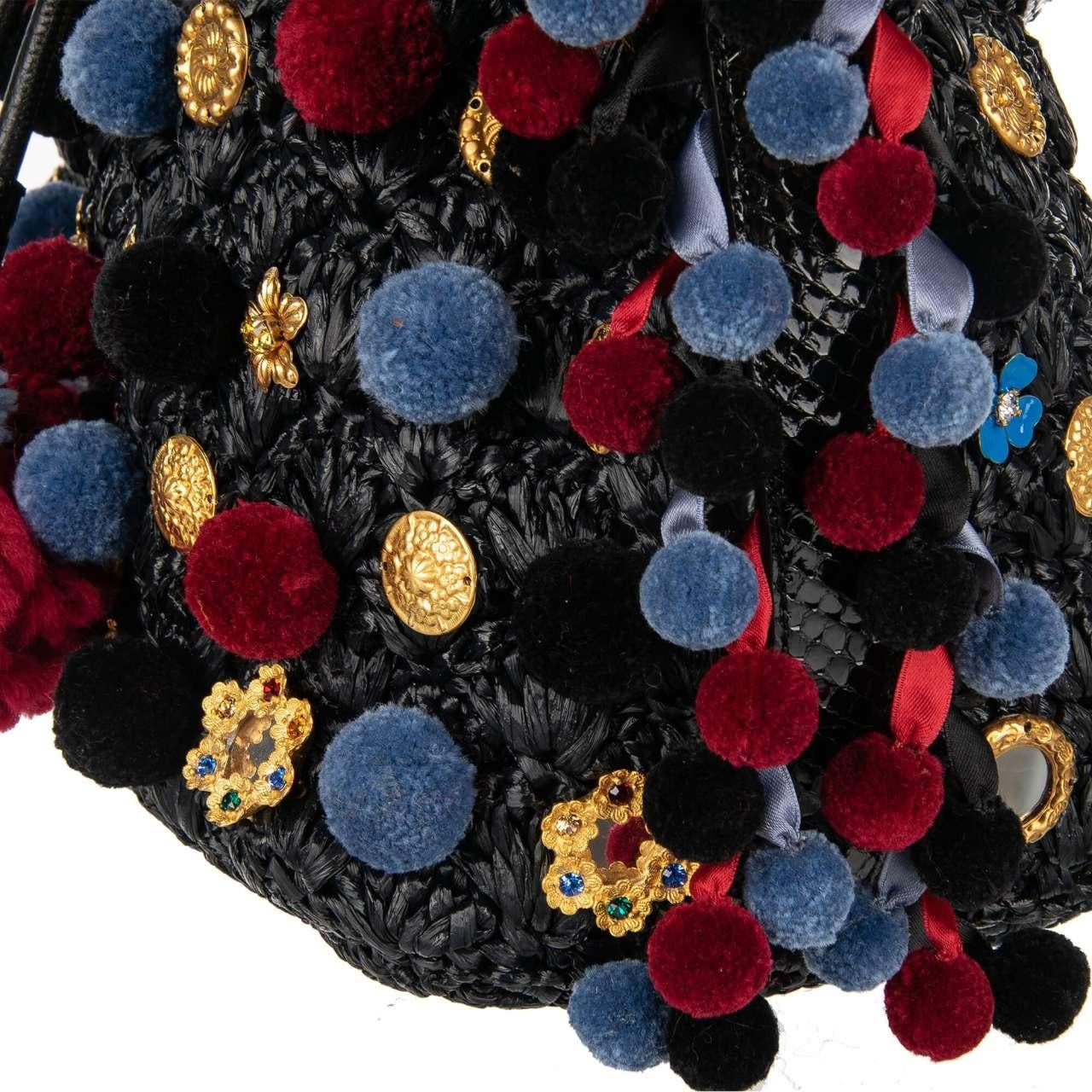 Dolce & Gabbana - Raffia Bucket Bag CLAUDIA with Pompoms and Crystals Black Red 2