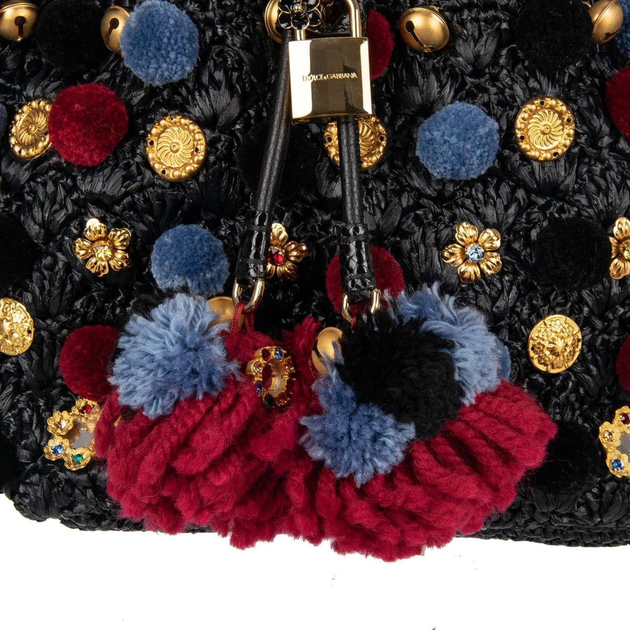 Dolce & Gabbana - Raffia Bucket Bag CLAUDIA with Pompoms and Crystals Black Red 3