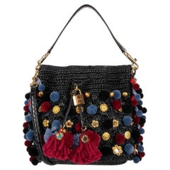 Dolce & Gabbana - Raffia Bucket Bag CLAUDIA with Pompoms and Crystals Black Red