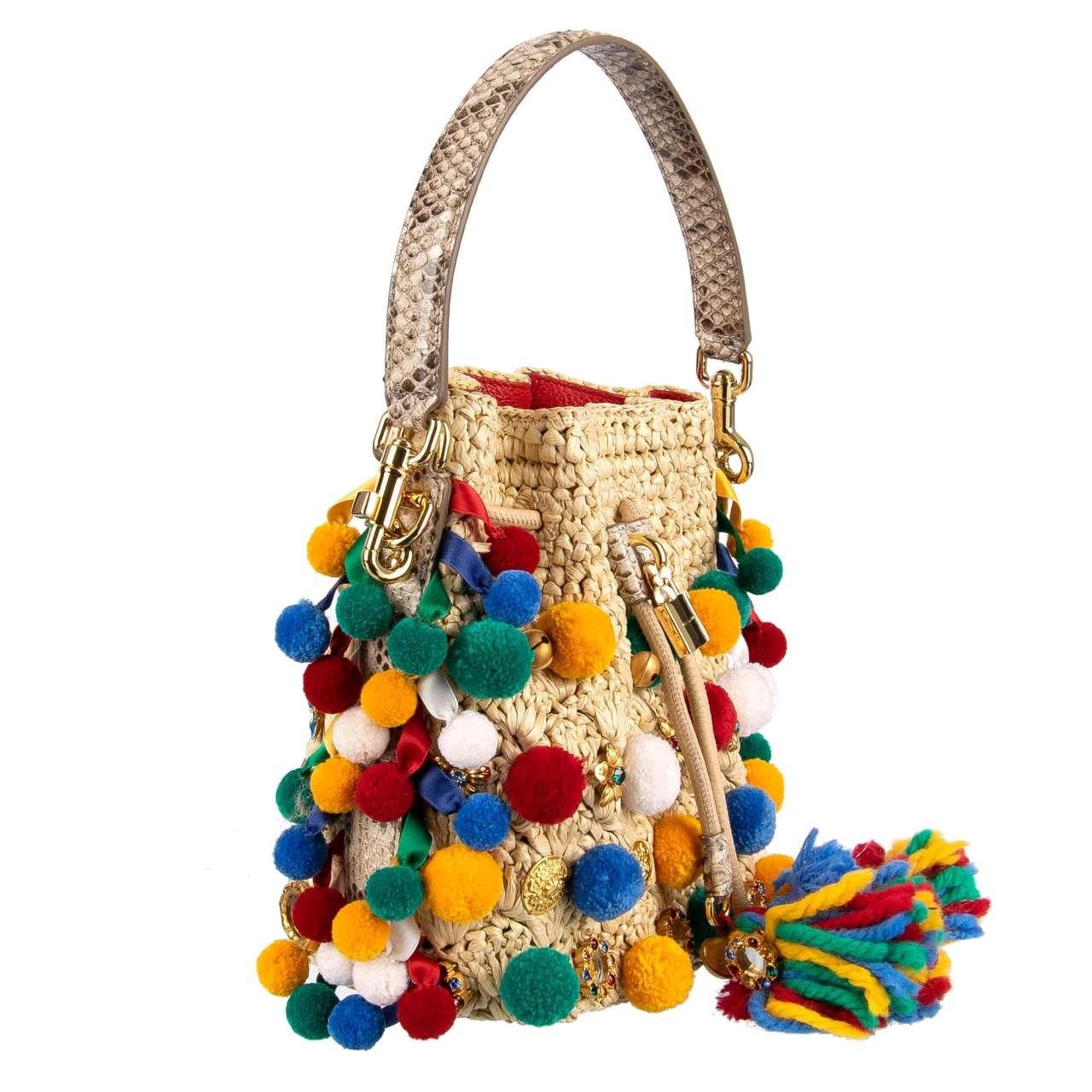 - Sicily Style straw and snakeskin bucket hobo bag / shoulder bag CLAUDIA embellished with pompoms, sing-song bells, crystals and enamel flowers by DOLCE & GABBANA - New with Tag, Dustbag, Authenticity Card - Former RRP: EUR 2.950 - Removable