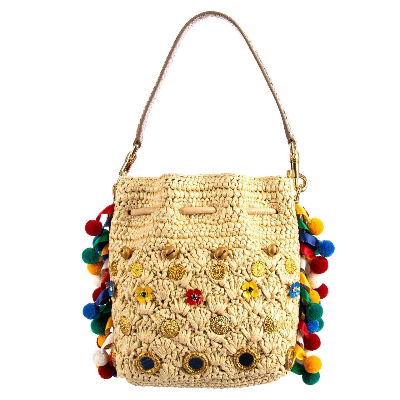 Women's Dolce & Gabbana - Raffia Bucket Bag CLAUDIA with PomPoms Beige Red
