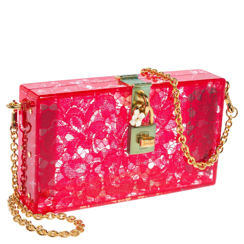Dolce & Gabbana Red Acrylic Lace Dolce Box Bag In New Condition In Dubai, Al Qouz 2