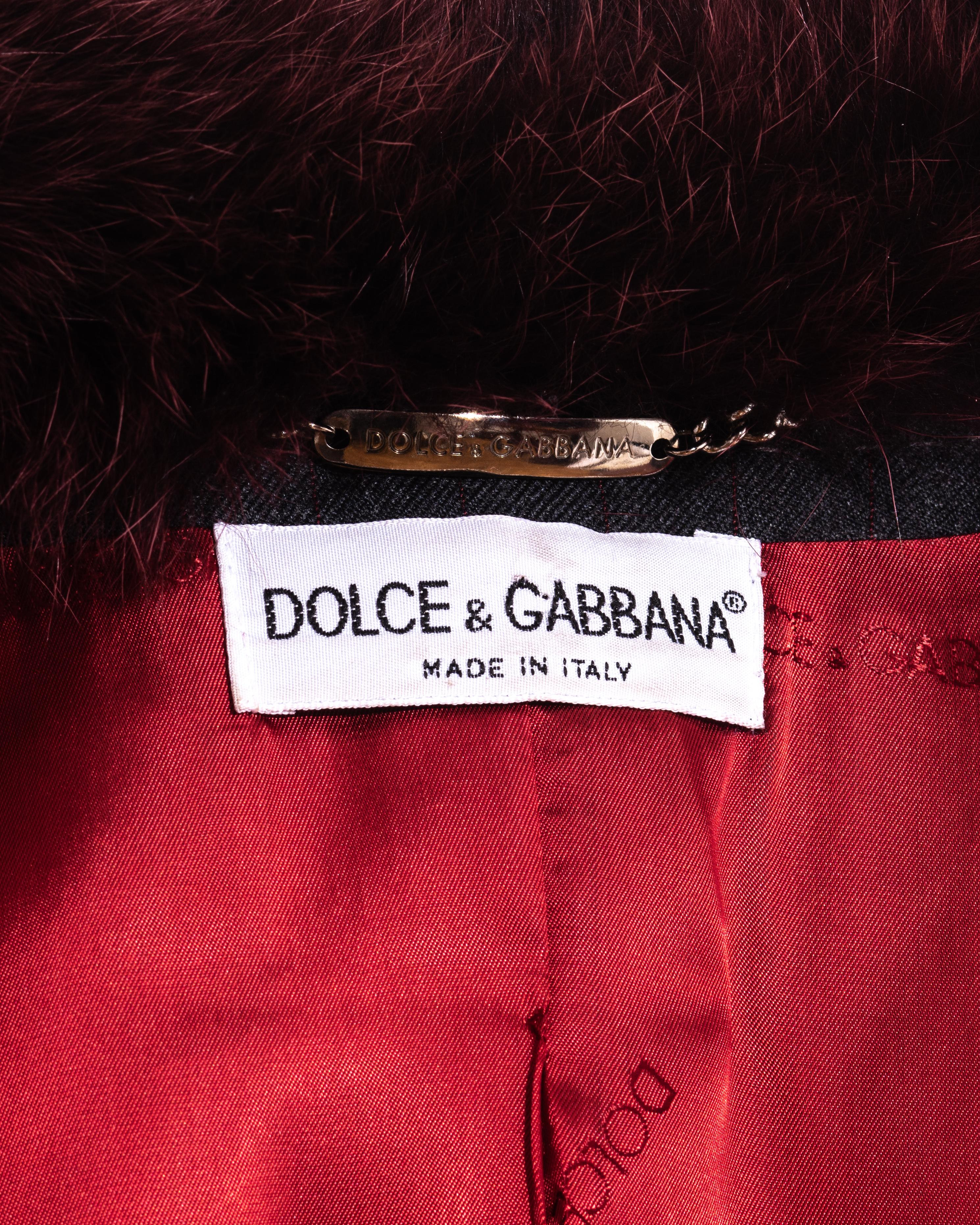 Dolce & Gabbana red and grey pinstripe wool pant suit with fur collar, fw 1997 3