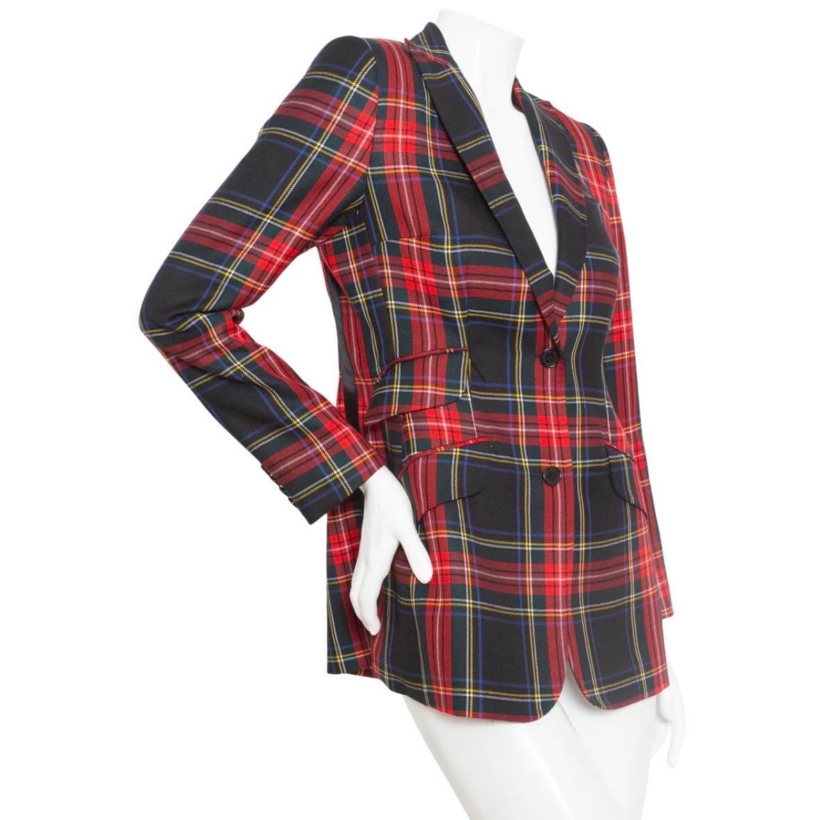 Brown Dolce & Gabbana Red and Navy Wool-Blend Tartan Leopard Print Blazer For Sale