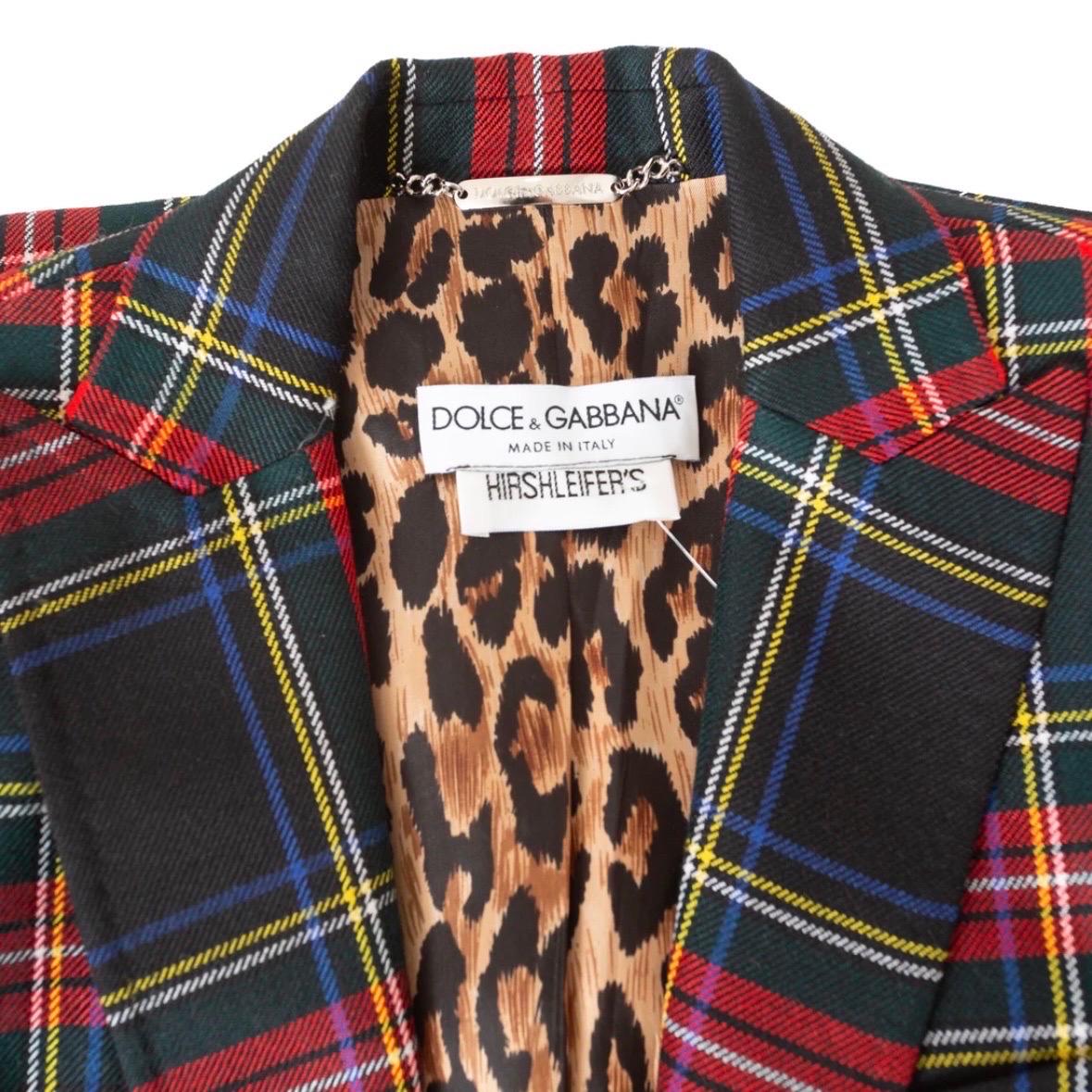 Dolce & Gabbana Red and Navy Wool-Blend Tartan Leopard Print Blazer For Sale 2